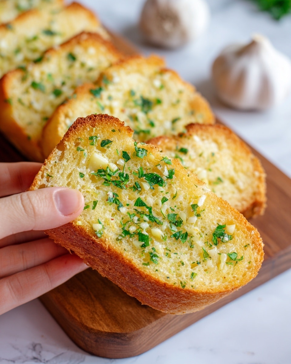 A close-up image shows a woman's hand holding a single slice of garlic bread with a golden-brown crust and soft, light yellow crumb. The slice is topped with finely chopped green parsley and small pieces of minced garlic, spread evenly across its surface. Behind it, several similar slices are stacked on a wooden board, with whole garlic bulbs nearby. The whole scene rests on a white marbled surface, adding a clean, bright background to the warm tones of the bread and garnishes. Photo taken with an iphone --ar 4:5 --v 7