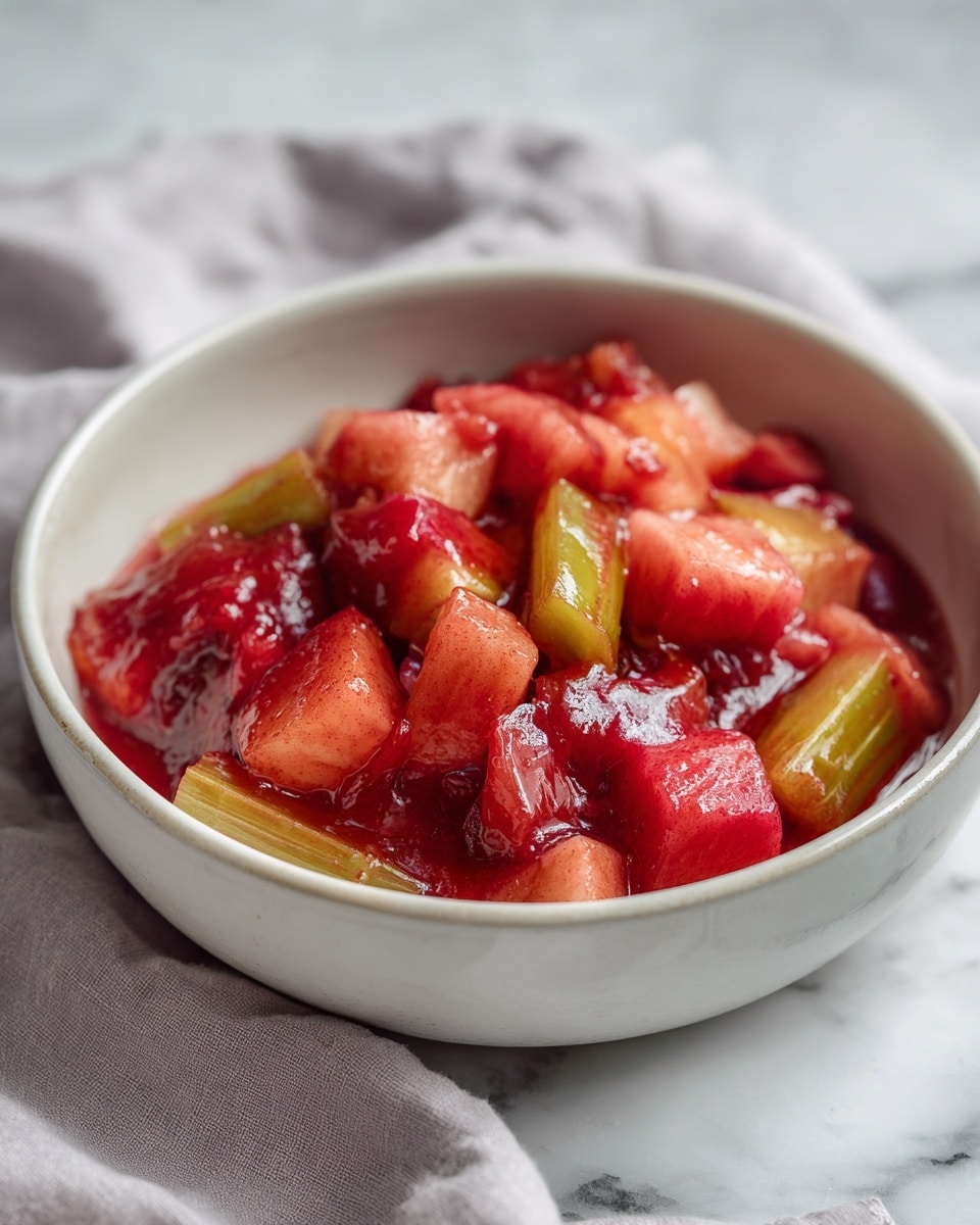 This image shows a close-up of a creamy white bowl filled with a chunky stew or compote made of softened fruit pieces. The dish has large, thick chunks of reddish-pink fruit mixed with translucent segments of pale greenish stalks, bathed in a shiny, slightly thick red sauce that looks juicy and fresh. The texture is smooth and softly broken down in places, with visible fruit fibers and bits that seem tender and cooked down but not totally smashed. The bowl sits on a white marbled surface with a soft gray cloth partly under it, lending a cozy and warm feel to the scene. photo taken with an iphone --ar 4:5 --v 7
