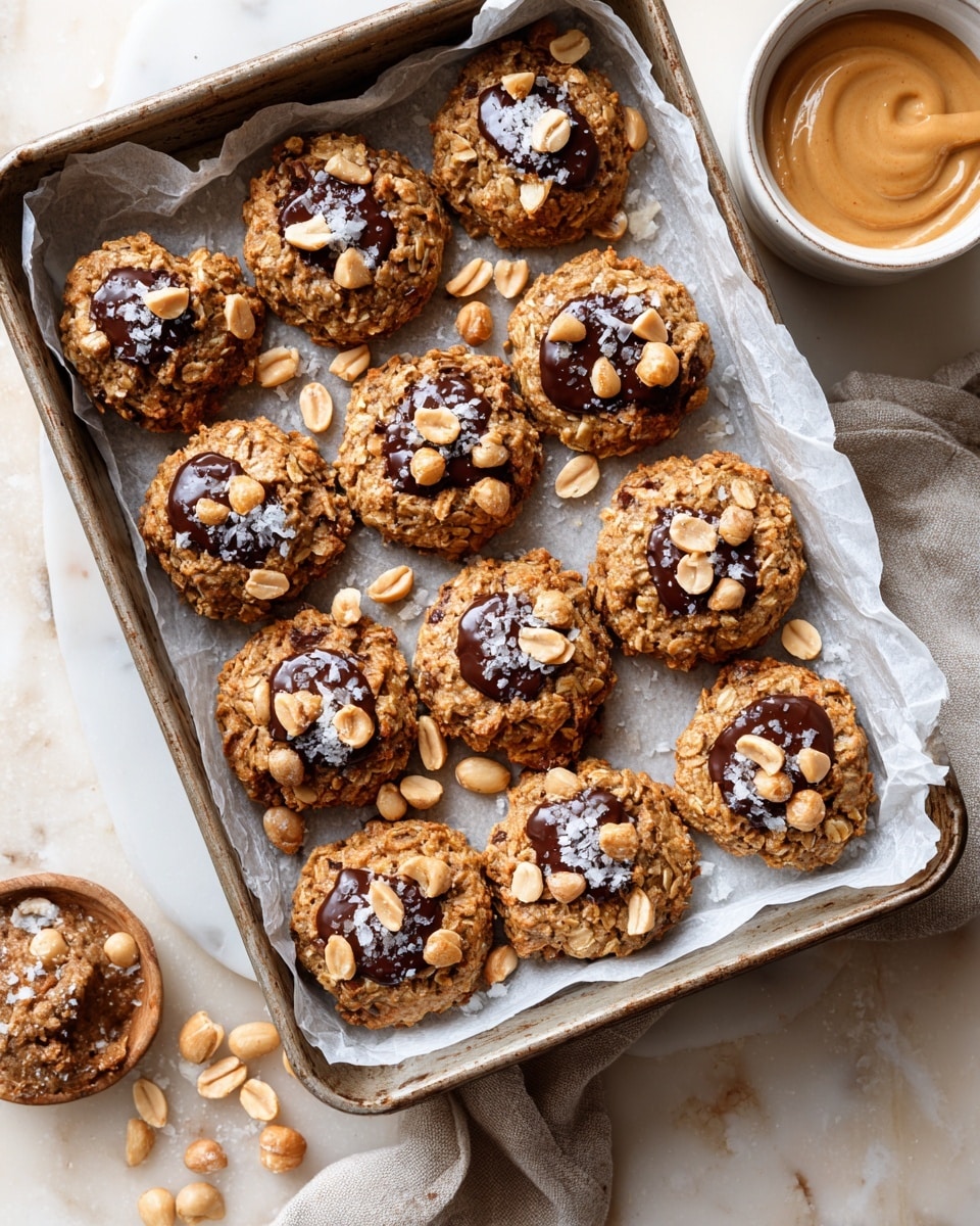 A baking tray filled with a single layer of chunky cookies, each cookie light golden brown with a rough, chunky texture. The cookies are topped with scattered dark chocolate chips and a few light tan peanut pieces, with coarse white salt crystals sprinkled unevenly on top. The cookies rest on a sheet of parchment paper inside the tray. Some loose peanuts are scattered on the white marbled surface around the tray. Photo taken with an iphone --ar 4:5 --v 7