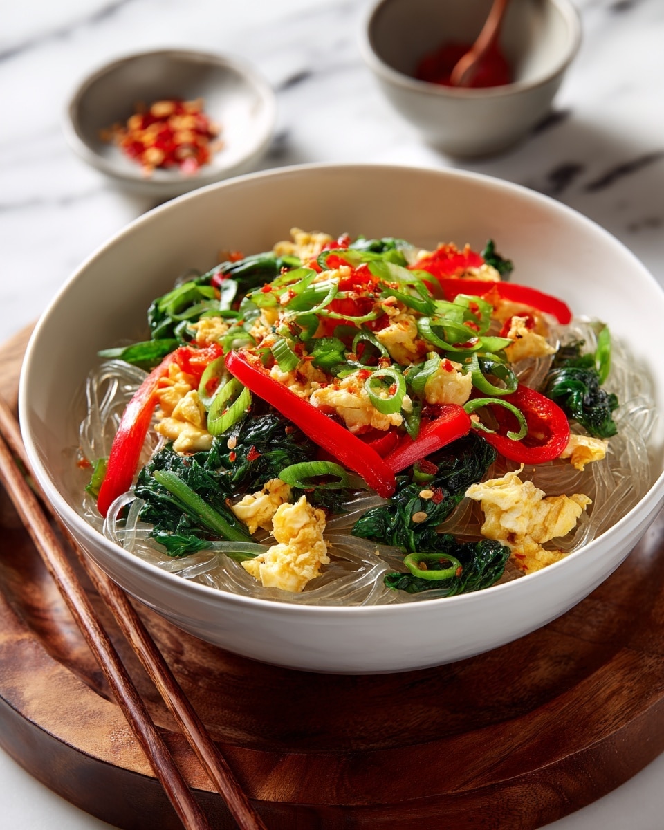 A white bowl filled with a layered dish starting with a base of thin, transparent glass noodles creating a delicate, glossy texture. On top, vibrant red bell pepper strips add bright color and smoothness, mixed with small pieces of scrambled golden-brown egg for a soft, slightly crumbly texture. Scattered over everything are deep green leafy vegetables and fresh green onion slices, giving a fresh and vibrant contrast. The bowl sits on a wooden board, set on a white marbled surface, with chopsticks resting behind the bowl and a small round dish with red chili flakes blurred in the background. Photo taken with an iphone --ar 4:5 --v 7