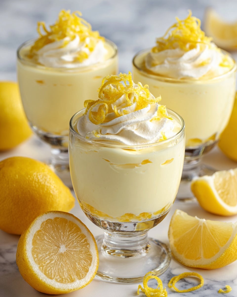 The image shows three clear glass dessert cups filled with a creamy lemon mousse. Each cup has two main layers: a smooth, pale yellow mousse base topped with a light, fluffy whipped cream layer. On top of the whipped cream, there is a small pile of thin lemon zest curls, bright yellow in color. The cups are placed on a white marbled surface with two whole lemons and two lemon halves arranged around them, adding vibrant yellow and green tones to the scene. The focus is on the front cup, with the others softly blurred in the background. Photo taken with an iphone --ar 4:5 --v 7