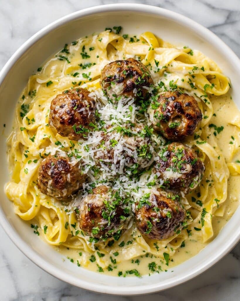 Garlic Butter Meatballs with Creamy Linguine Recipe