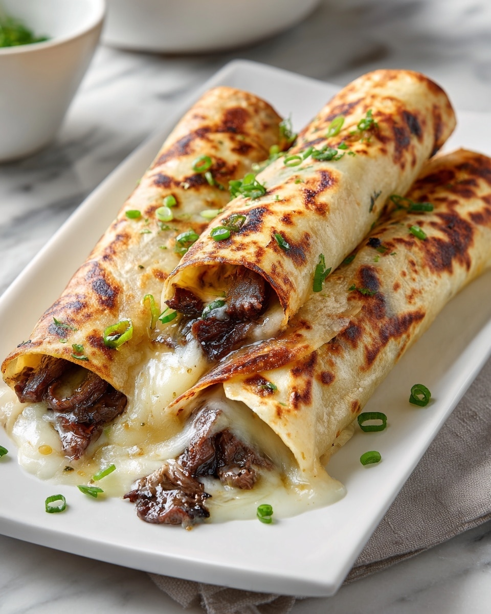The image shows three grilled rolled tortillas on a white rectangular plate, each filled with melted cheese and grilled beef. The tortillas are golden brown with charred spots and are topped with chopped green onions for garnish. The melted cheese oozes slightly from the ends of the rolls, blending with the dark brown, tender-looking beef inside. The plate sits on a white marbled surface with a blurred bowl in the background. photo taken with an iphone --ar 4:5 --v 7