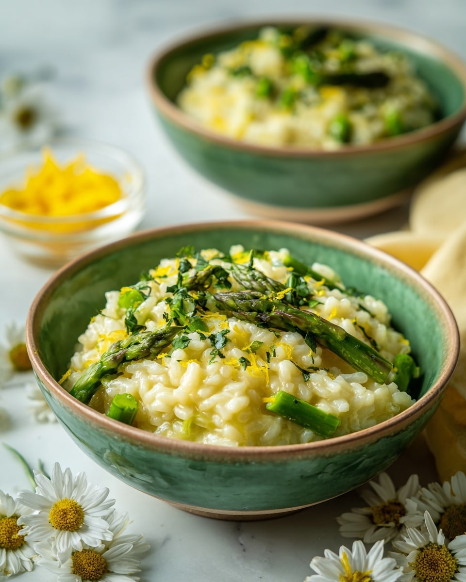 A close-up of a green bowl filled with creamy yellow risotto layered with bright green asparagus pieces cut into short stalks, topped with finely chopped dark green herbs. In the background, there is a second bowl of the same risotto slightly out of focus. To the side, a small clear glass bowl contains bright yellow lemon zest. The bowls sit on a white marbled surface decorated with white daisies and a light yellow cloth. The risotto's texture looks soft and smooth, with the asparagus tips visible above the rice grains, creating a fresh and appetizing contrast. photo taken with an iphone --ar 4:5 --v 7