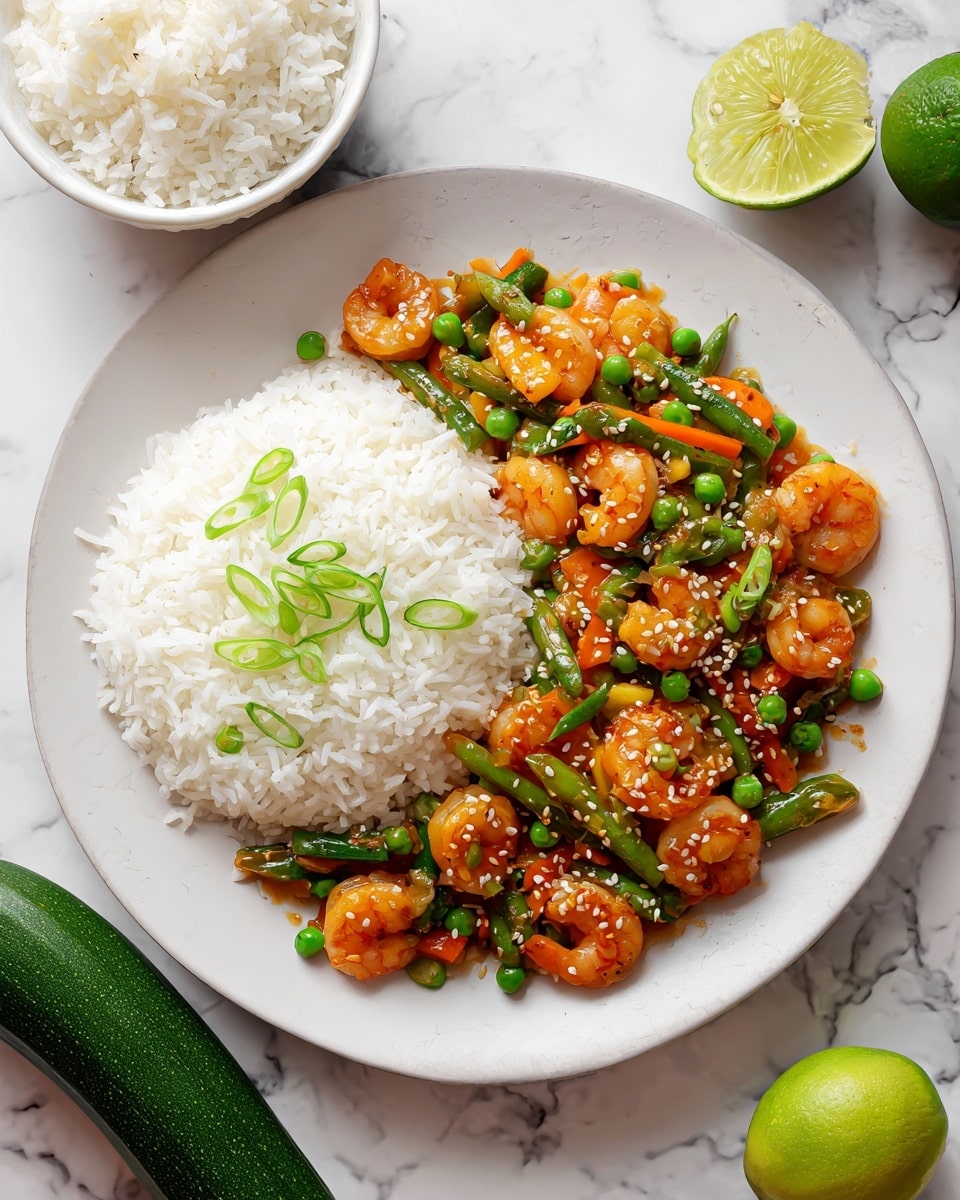 A round mound of white rice sits in the center of a white plate, topped with thinly sliced light green scallions arranged neatly. Surrounding the rice is a colorful shrimp stir-fry with vibrant orange shrimp, bright green peas, julienned carrots, and sliced zucchini, all coated in a glossy sauce with visible sesame seeds. The shrimp are slightly curled and sprinkled with more scallions and sesame seeds, adding texture and color contrast. The plate rests on a white marbled surface with a whole zucchini and lime wedges nearby, along with a small white bowl of more plain white rice. photo taken with an iphone --ar 4:5 --v 7