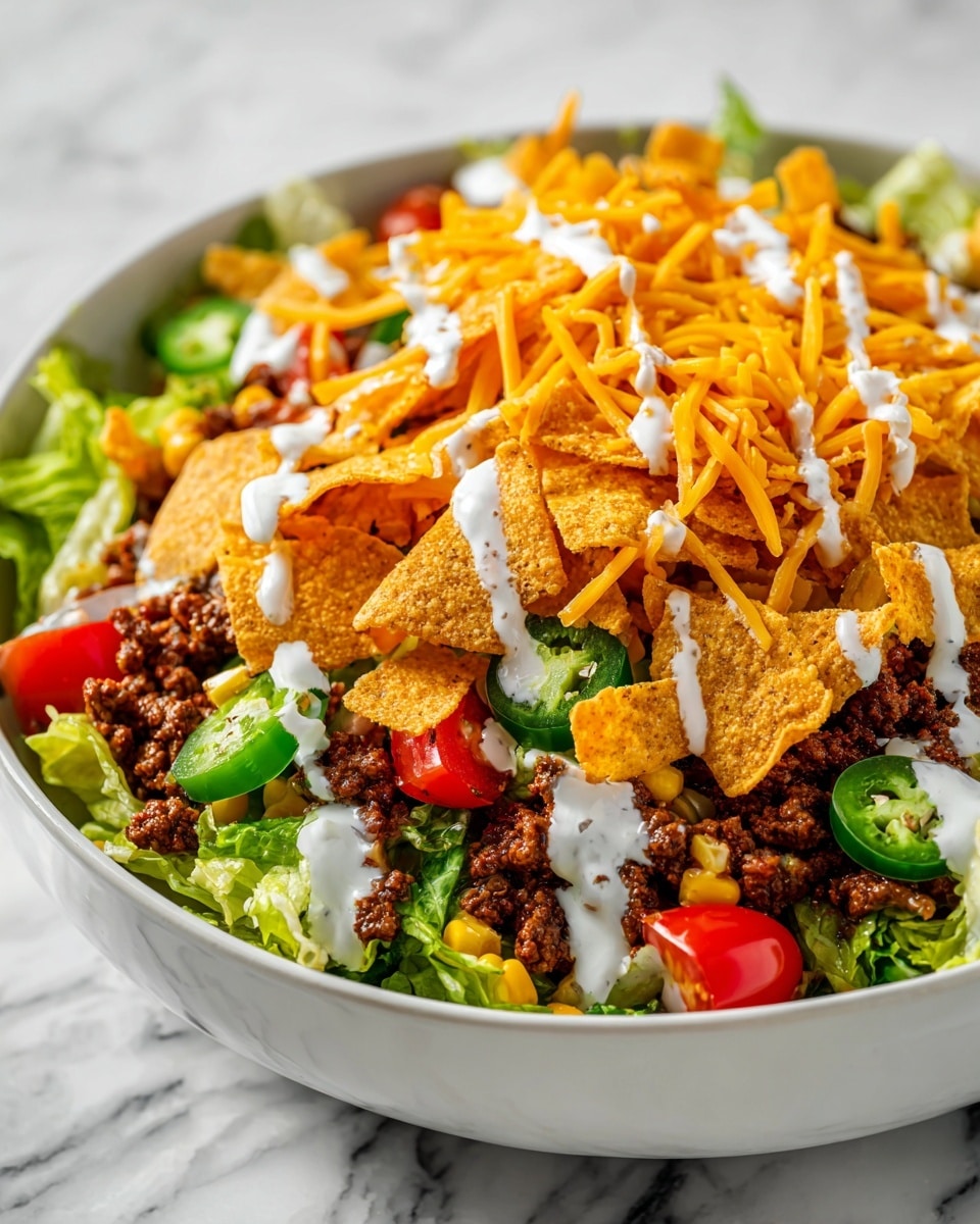 A close-up view of a layered taco salad in a white bowl filled with fresh light green lettuce as the base, topped with scattered bright red diced tomatoes, dark brown cooked ground beef, and yellow corn kernels. On top are crunchy light orange tortilla chips mixed with sliced dark green jalapeños, all covered with shredded bright orange cheddar cheese. A white creamy dressing is drizzled unevenly over the salad, adding a smooth texture contrast. The bowl sits against a white marbled surface, highlighting the fresh and colorful ingredients. Photo taken with an iphone --ar 4:5 --v 7