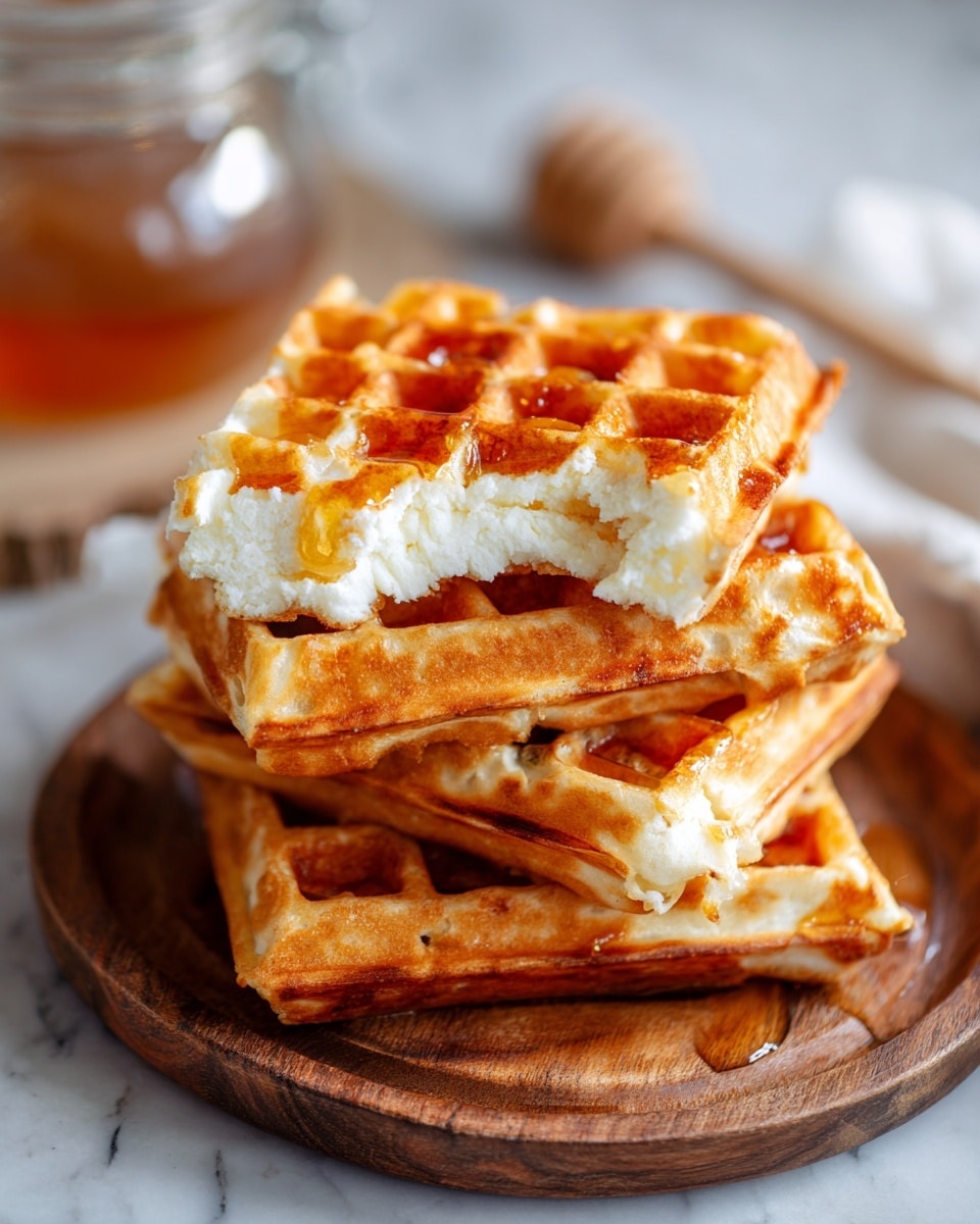 The image shows a stack of three thick waffles on a round white wooden plate, resting on a white marbled surface. Each waffle is golden-brown with a slightly crispy outer layer and soft, fluffy white interior layers visible from the cut pieces. The top waffle has a slice cut out, showing its airy texture. In the background, a honey dipper and jar of honey are out of focus. The lighting highlights the warm, crispy texture of the waffles. photo taken with an iphone --ar 4:5 --v 7