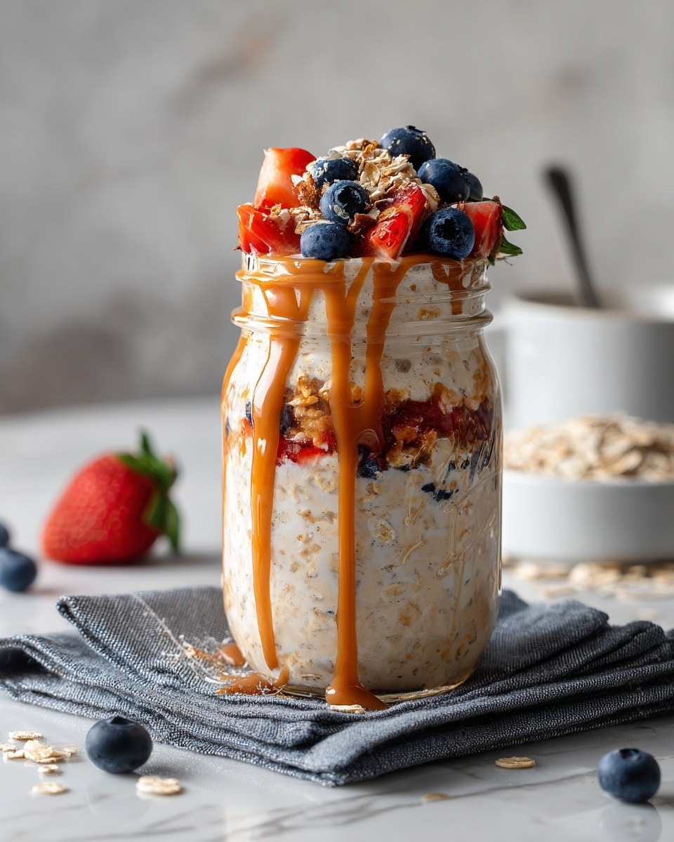 A clear glass jar filled three layers high of a creamy oatmeal mixture with visible oatmeal flakes and chia seeds, embedded with pieces of red strawberries and dark blue blueberries. On top of the oatmeal mixture, the jar is fully topped with fresh whole blueberries, sliced strawberries, and sprinkled granola in light brown hues. A thick caramel-colored drizzle flows down the side of the jar from the top layer of fruit. The jar rests on a folded gray cloth on a white marbled surface, with a blurred strawberry and a small white bowl of oats in the background. photo taken with an iphone --ar 4:5 --v 7