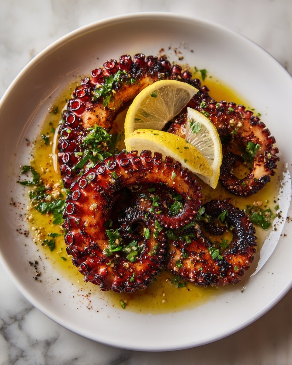 The dish shows three curled grilled octopus tentacles on a white plate, each tentacle covered in charred, dark reddish suction cups and flecks of black seasoning. There is a bright yellow lemon wedge placed on top near the center, and a drizzle of golden olive oil pools around the bottom layer, mixing with small green parsley leaves scattered across the octopus and plate. The grilled tentacles have a glistening texture with some red chili flakes and herbs adding color and detail, all set against a white marbled surface. photo taken with an iphone --ar 4:5 --v 7