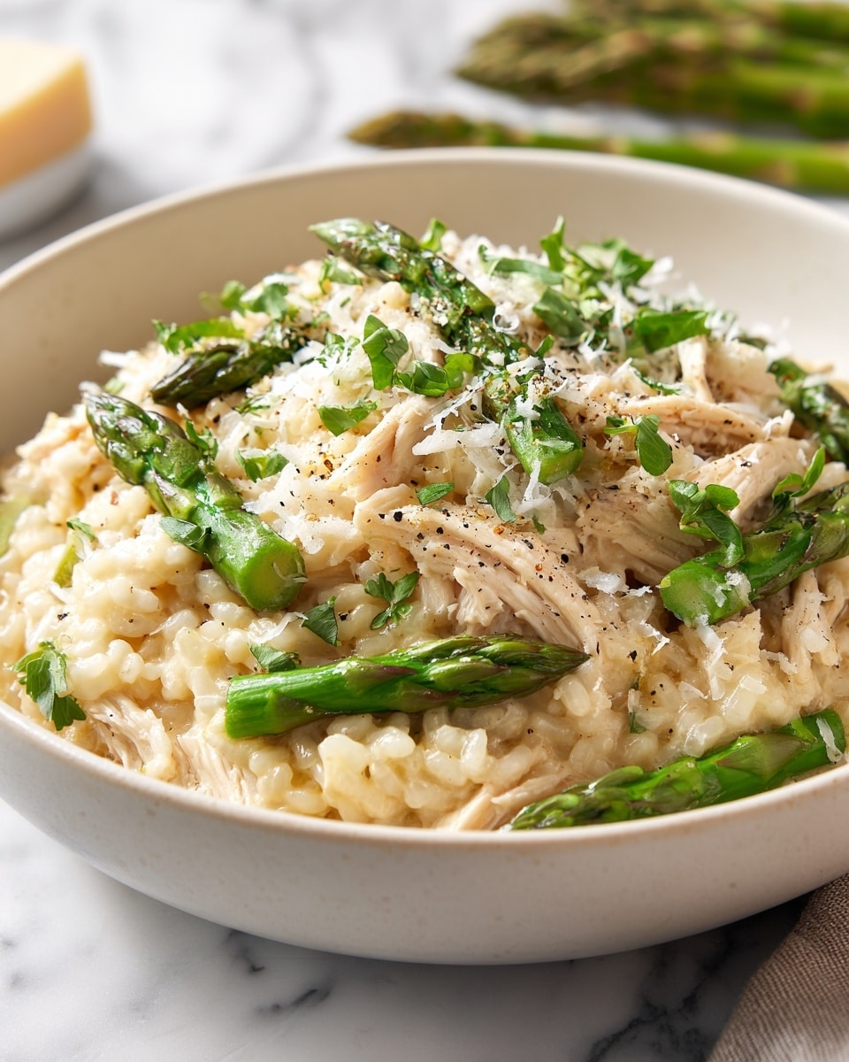 A large white bowl is filled with a creamy risotto dish layered with short, soft rice grains mixed with shredded bits of light beige chicken and bright green, thick asparagus pieces both chopped and whole. The risotto has a slightly glossy texture with some grated white cheese sprinkled on top, adding a fine, textured layer. Fresh green herbs and ground black pepper are scattered over the top, giving contrast and hinting at flavor. The bowl sits on a white marbled surface with blurred asparagus stalks in the background. photo taken with an iphone --ar 4:5 --v 7