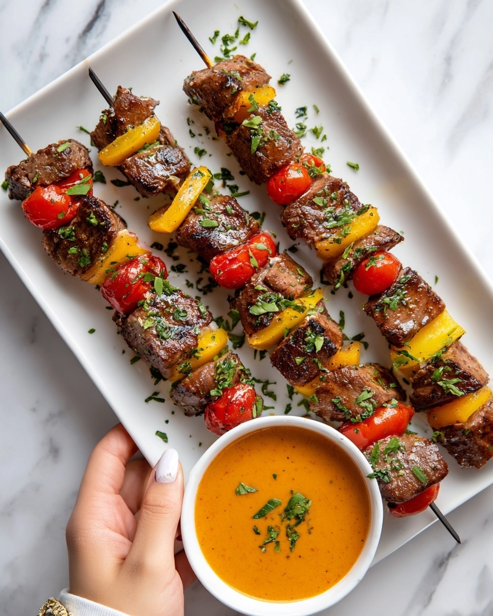 The image shows four skewers filled with grilled meat and vegetables arranged neatly on a white rectangular plate. Each skewer has chunks of brown grilled meat alternating with pieces of yellow bell pepper, red cherry tomatoes, and green herbs scattered on top. Next to the skewers, there is a small white bowl filled with a smooth orange dipping sauce garnished with a few green herbs. The white marbled surface under the plate adds a clean, bright background. A woman's hand is holding one of the skewers slightly above the plate. Photo taken with an iphone --ar 4:5 --v 7