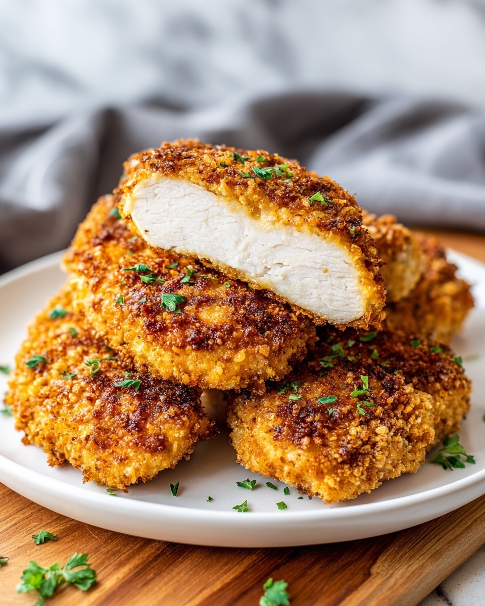 A white plate holds three crispy, golden-brown breaded chicken pieces. Two whole pieces form the base layer, showing a crunchy, textured coating with small green herb garnishes scattered on top. Resting on these is a larger piece sliced in half diagonally to show the inside, which is white and tender, contrasting with the thick, crunchy coating. The whole scene is set on a wooden surface, with a soft, out-of-focus gray cloth in the background, and a white marbled texture present subtly. Photo taken with an iphone --ar 4:5 --v 7