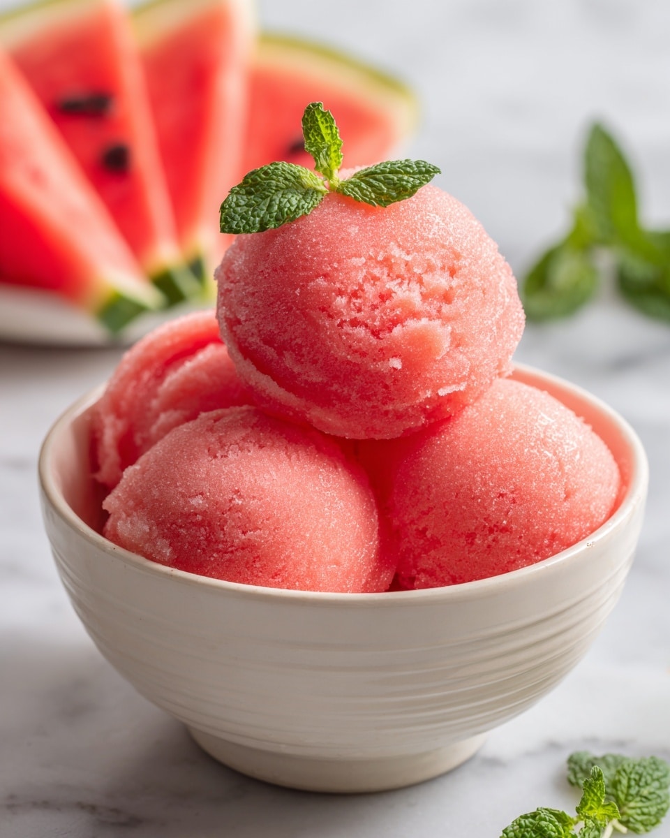 A bowl with four round scoops of pink watermelon sorbet, each scoop smooth and slightly shiny, stacked neatly inside a white ceramic bowl with subtle ridges. On top of the front scoop, there are two small green mint leaves adding a fresh touch. In the background, blurred slices of red watermelon with black seeds add depth and color contrast. The bowl sits on a white marbled surface, the whole image bright and inviting. Photo taken with an iphone --ar 4:5 --v 7