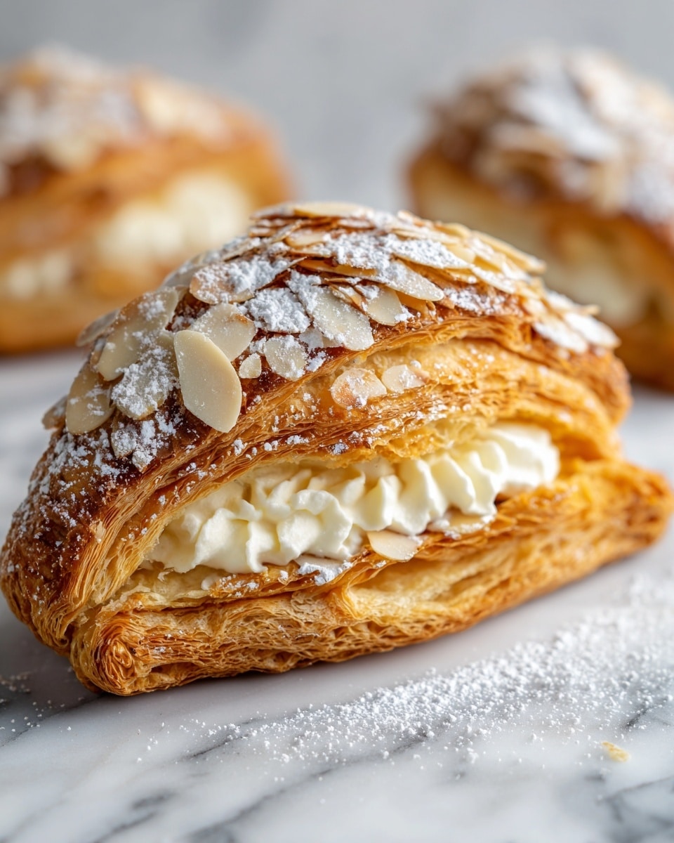 A close-up image of a golden brown pastry with a flaky, layered texture. The top is covered with thin, toasted almond slices that add a crunchy detail. The pastry is dusted lightly with powdered sugar, resting on a white marbled surface. The layers inside show a creamy, pale filling peeking from the edges, indicating multiple thin, soft layers within. The photo taken with an iphone --ar 4:5 --v 7