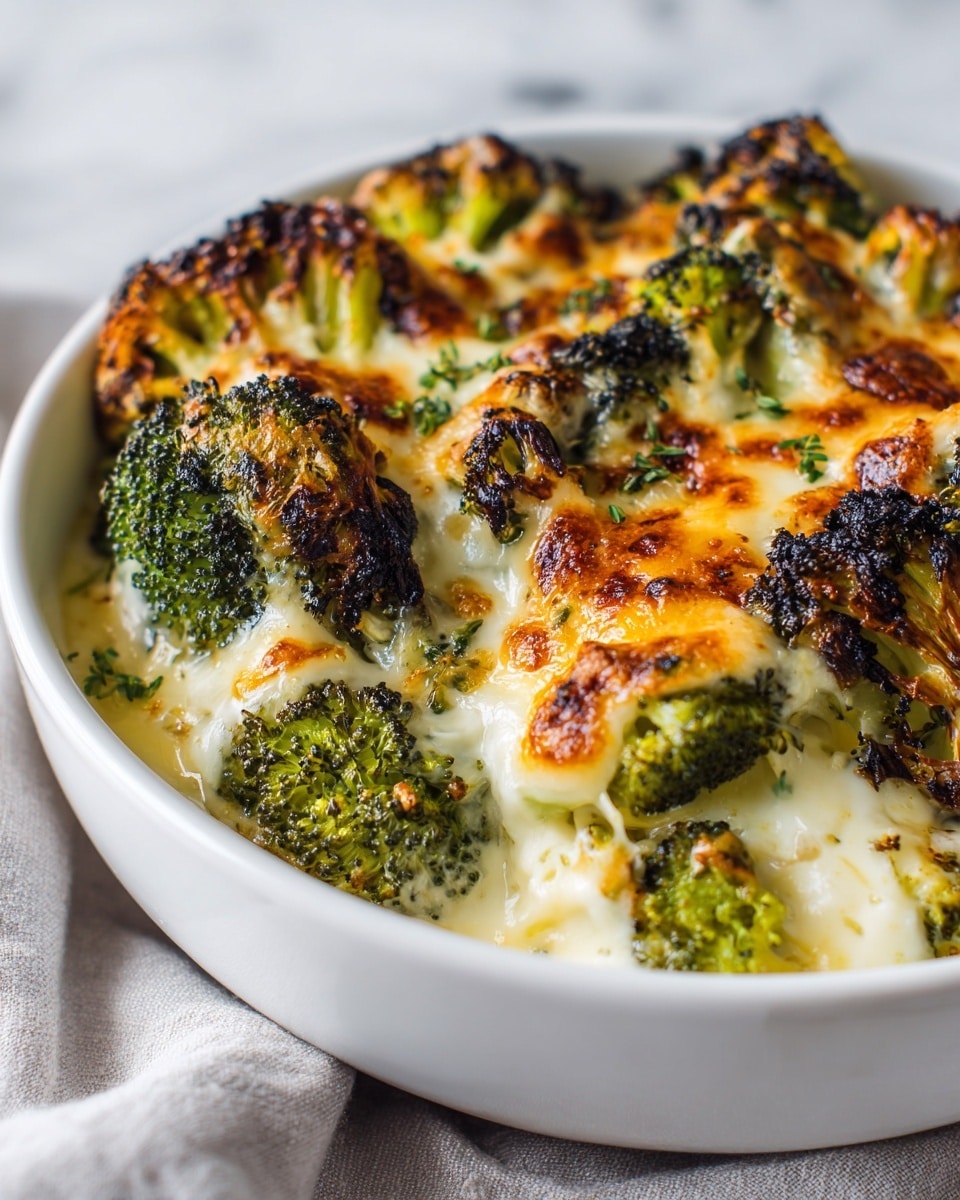 A close-up view of a baked broccoli cheese casserole in a white bowl, showing a rich layer of melted cheese on top with golden brown, crispy spots mixed with bright green broccoli florets that have slightly charred tips. The cheese layer looks creamy with smooth melted cheese stretching between the broccoli pieces, and small herbs sprinkled throughout adding a fresh touch. The dish has a thick textured layer of cheese that appears bubbly and browned in places, covering well-cooked broccoli that peeks up through the top. The bowl sits on a white marbled surface with a soft fabric underneath. Photo taken with an iphone --ar 4:5 --v 7