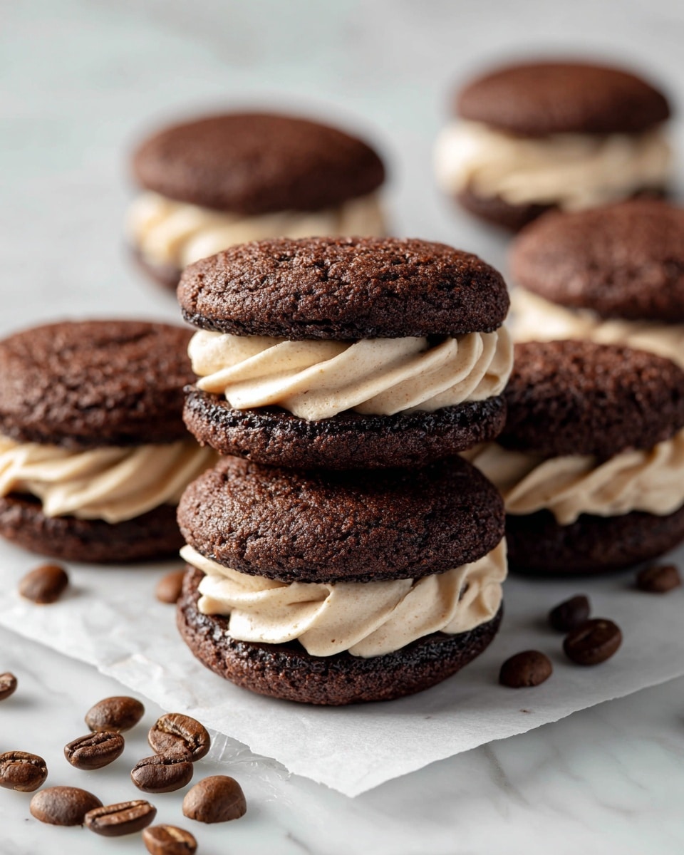 The image shows five chocolate sandwich cookies arranged on parchment paper over a white marbled surface. Each cookie has two dark brown, slightly rough-textured cake-like layers with a piped light beige cream filling in the middle, forming a distinct thick swirl layer. The cream looks smooth and fluffy. The cookies are stacked and placed close together. Several coffee beans are scattered around the cookies, adding a rich brown tone contrast. The background is softly blurred to emphasize the cookies in the foreground. photo taken with an iphone --ar 4:5 --v 7