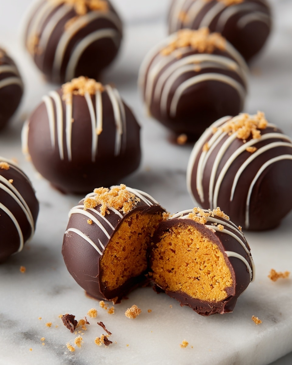 The image shows a close-up of round chocolate-covered balls with smooth, dark chocolate coating. Each ball is decorated with thin white chocolate lines drizzled across the surface and topped with small, rough, light brown crumb clusters. One ball is cut open, revealing a bright orange, dense, and slightly crumbly inside layered beneath the chocolate coating. The balls rest on a white marbled surface with a few crumbs scattered around them, creating a neat and inviting arrangement. photo taken with an iphone --ar 4:5 --v 7