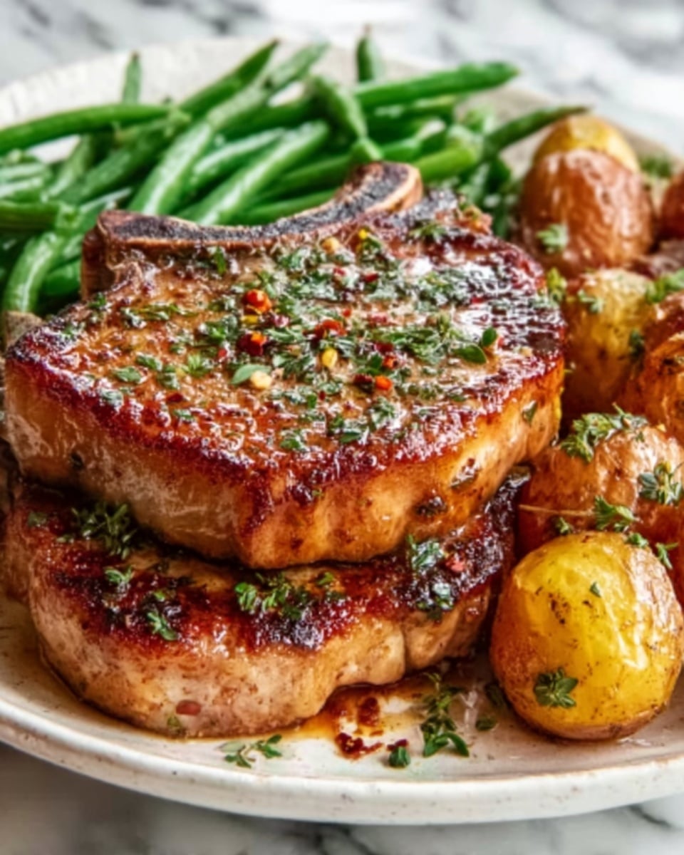 A close-up view of two thick pork chops stacked on a white plate, both with golden-brown seared crusts and sprinkled green herbs on top. Around the pork chops are small roasted red and yellow potatoes with crispy skins. Behind the pork chops, there is a pile of bright green cooked green beans that add a fresh contrast. The surface is a white marbled texture. The photo was taken with an iphone --ar 4:5 --v 7