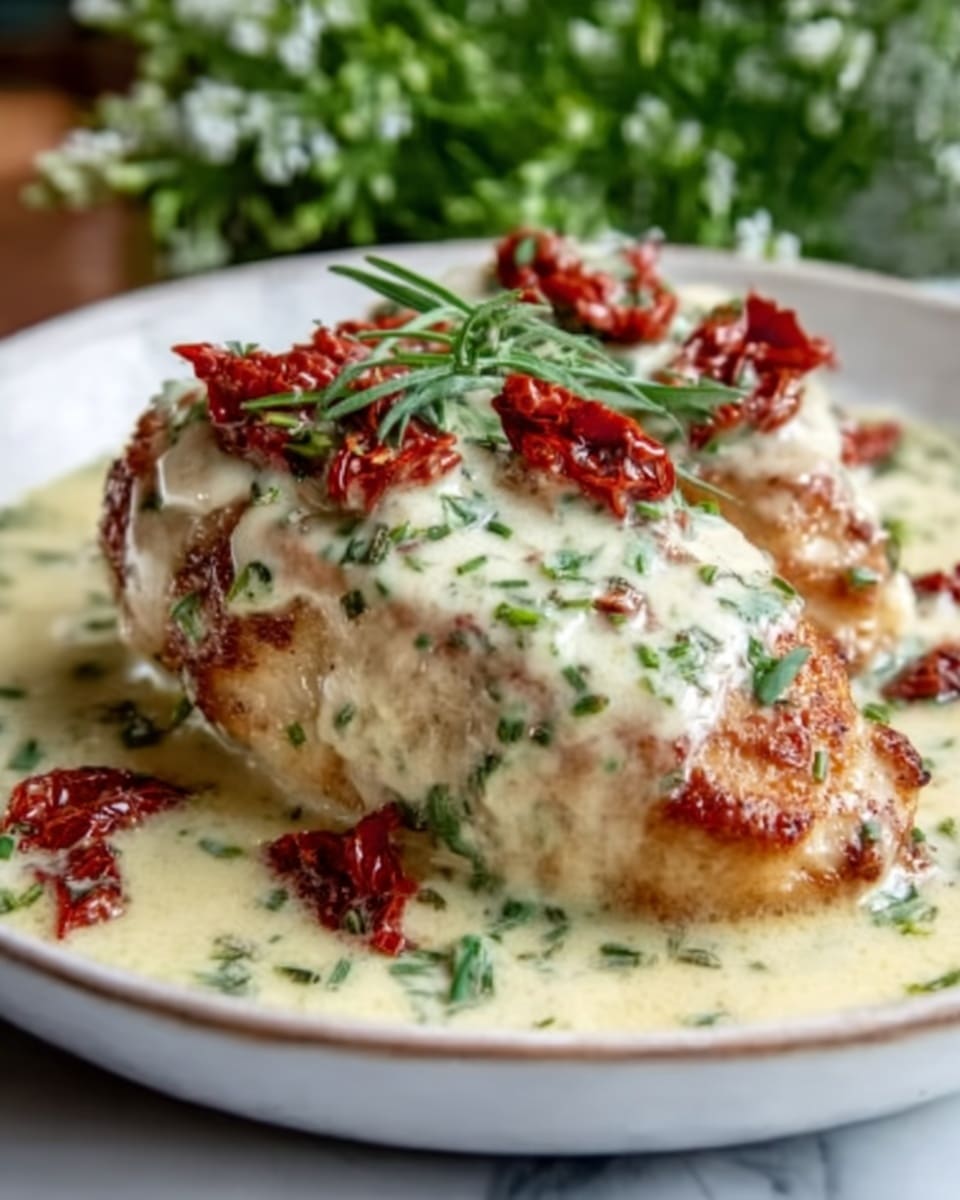 The image shows two pieces of cooked chicken breast covered with a creamy white sauce that has chopped green herbs mixed in. On top of the sauce, there are small pieces of dark red sun-dried tomatoes scattered over the chicken. The chicken has a golden brown, slightly crispy texture visible beneath the sauce. The dish is served in a white bowl with a smooth texture, placed on a white marbled surface. In the background, some green leafy herbs and a clay pot can be seen blurred out. Photo taken with an iphone --ar 4:5 --v 7