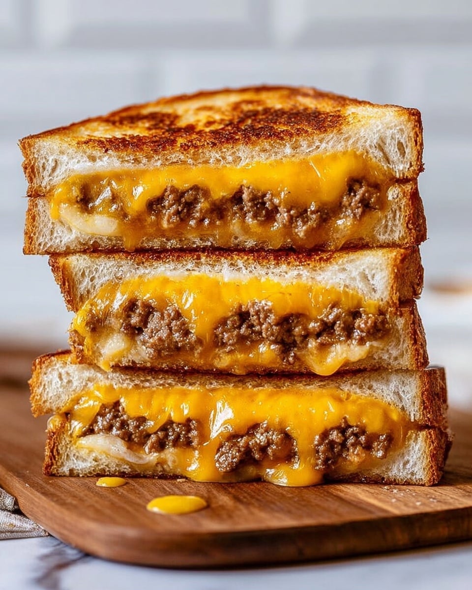 A stack of three grilled cheese sandwiches is shown on a wooden board over a white marbled surface. Each sandwich has two slices of golden-brown toasted bread with a slightly crispy edge. Between the layers of bread, there is a thick layer of melted cheddar and white cheese that oozes out, surrounding a coarse ground meat filling that looks juicy and cooked to a light brown color. The melted cheese creates gooey strands connecting each sandwich layer. The sandwiches are stacked perfectly to show the layers from the side. Photo taken with an iphone --ar 4:5 --v 7