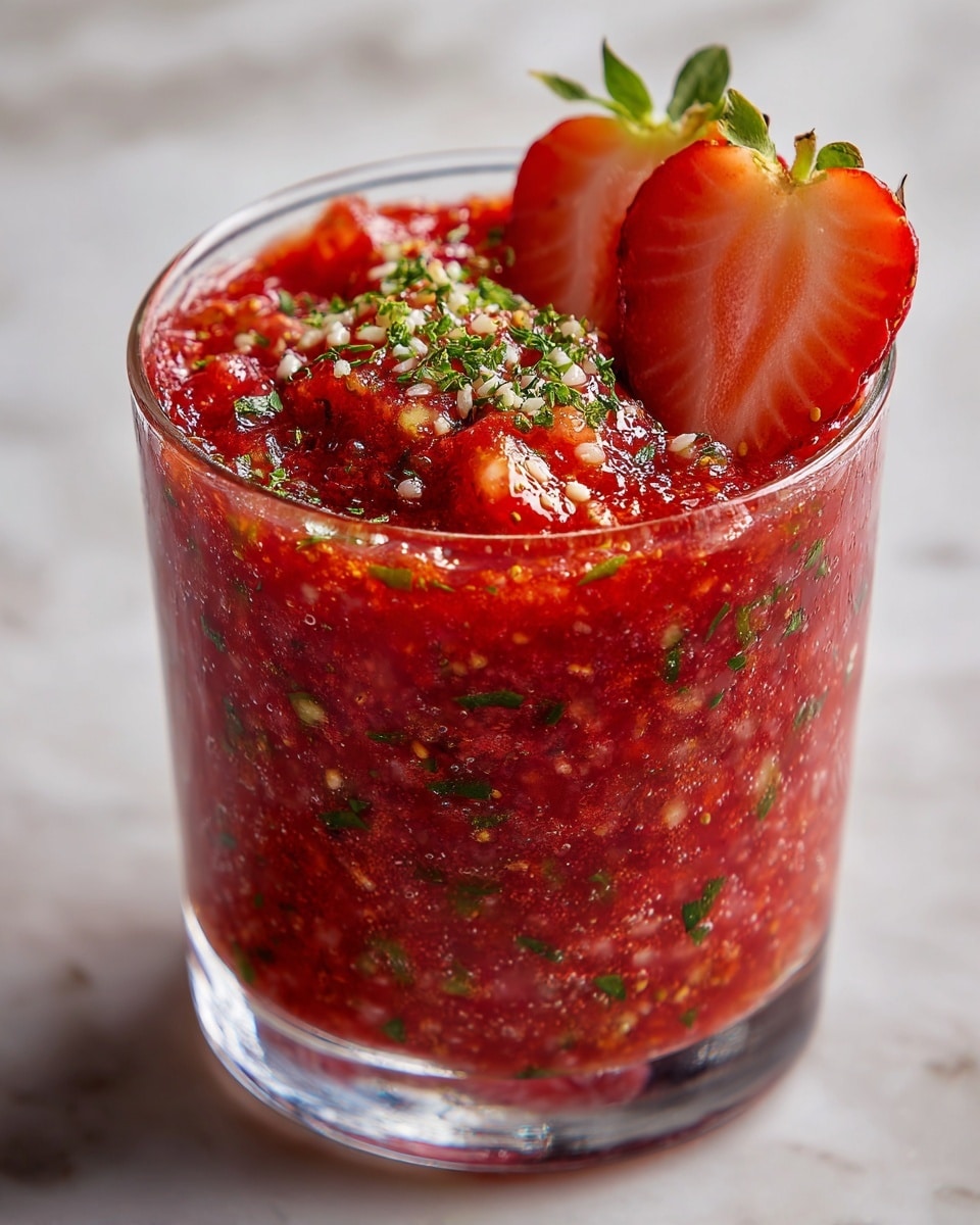 The image shows a close-up of a small, clear glass filled with a chunky red sauce. The sauce looks thick with small pieces of green herbs mixed throughout. On top, a half-sliced bright red strawberry with green leaves leans against the edge, adding a fresh, vibrant touch. The glass is set on a white marbled surface that brightens the whole scene. The texture of the sauce looks slightly rough and juicy with bits of seeds visible. photo taken with an iphone --ar 4:5 --v 7