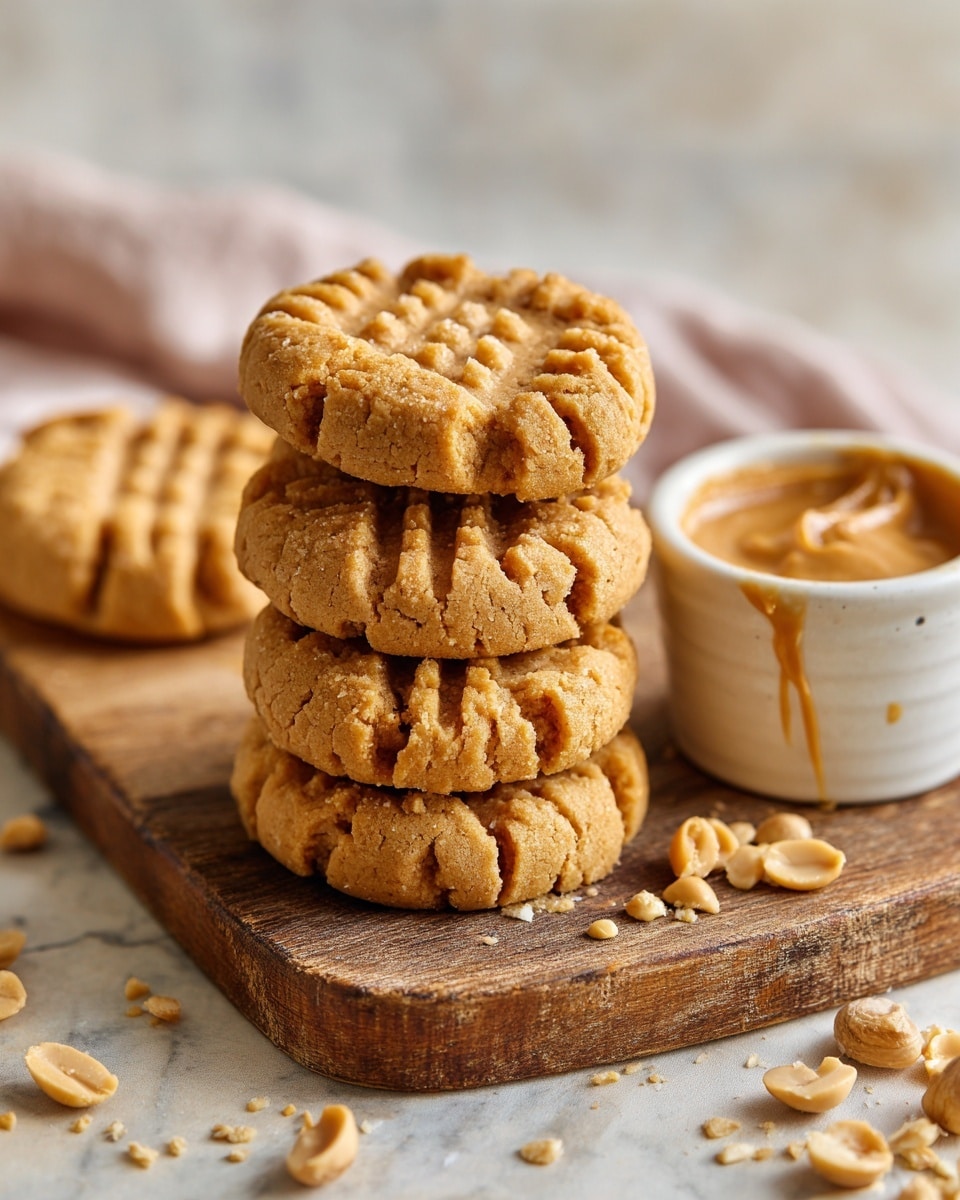 A close-up of four peanut butter cookies with a crisscross fork pattern on top, stacked slightly on a wooden board. The cookies are golden brown with a rough, crumbly texture and small salt crystals sprinkled lightly on top. To the right, a small white ramekin filled with creamy peanut butter sits surrounded by whole peanuts scattered on the white marbled surface. A woman's hand is reaching toward the cookies. The overall scene is warm and cozy, with soft natural light highlighting the details. Photo taken with an iphone --ar 4:5 --v 7