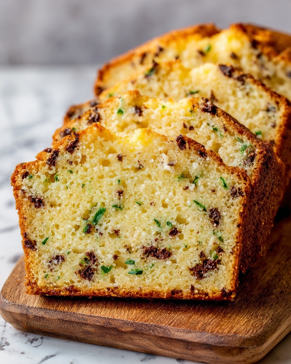 The image shows three thick slices of a moist-looking cake with chocolate chips scattered throughout. The cake has a golden-brown crust with a soft, pale yellow inside filled with melted chocolate pieces and small green bits, possibly herbs. The slices are placed closely together on a wooden surface, creating a warm and inviting look. The texture appears soft and slightly crumbly with gooey chocolate spots. photo taken with an iphone --ar 4:5 --v 7
