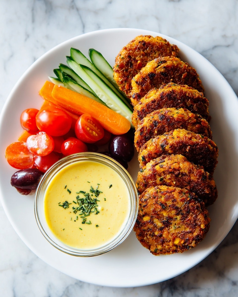 A white rectangular plate on a white marbled surface holds a stack of golden brown crispy fried patties with a crunchy texture on the right. To the left, there is a small clear glass bowl filled with pale yellow creamy sauce topped with small green herbs. Behind the bowl, bright orange carrot sticks, green cucumber slices, and shiny red cherry tomatoes are neatly arranged in a row. A woman’s hand is holding one of the patties from the stack. Photo taken with an iphone --ar 4:5 --v 7