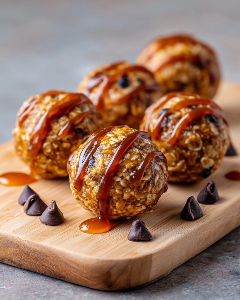The image shows five round balls made of oats, peanut butter, and honey, placed close together on a wooden board with a white marbled texture in the background. Each ball is light brown with visible oats on the surface, drizzled with golden honey, and topped with small, dark chocolate chips. Additional chocolate chips are scattered around the board. The texture looks sticky and crunchy. Photo taken with an iphone --ar 4:5 --v 7