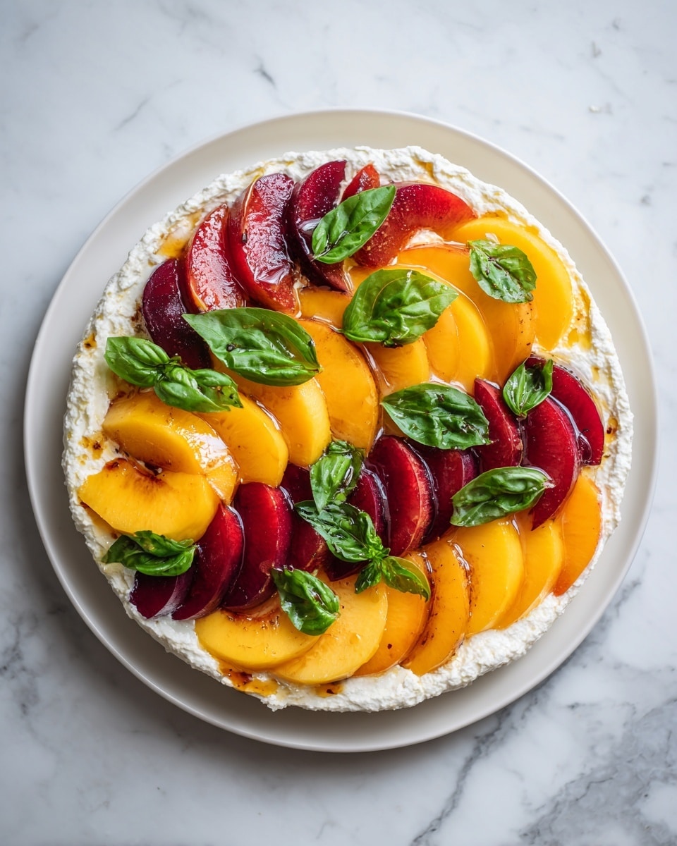 The dish shows a white plate with a layer of thick white creamy cheese on the bottom, topped with slices of red and orange peaches arranged in a circle. Over the fruit, there are fresh green basil leaves placed evenly, adding a pop of color. Honey or syrup is drizzled over everything, giving a shiny texture and some light golden spots. The plate is set on a white marbled surface. Photo taken with an iphone --ar 4:5 --v 7