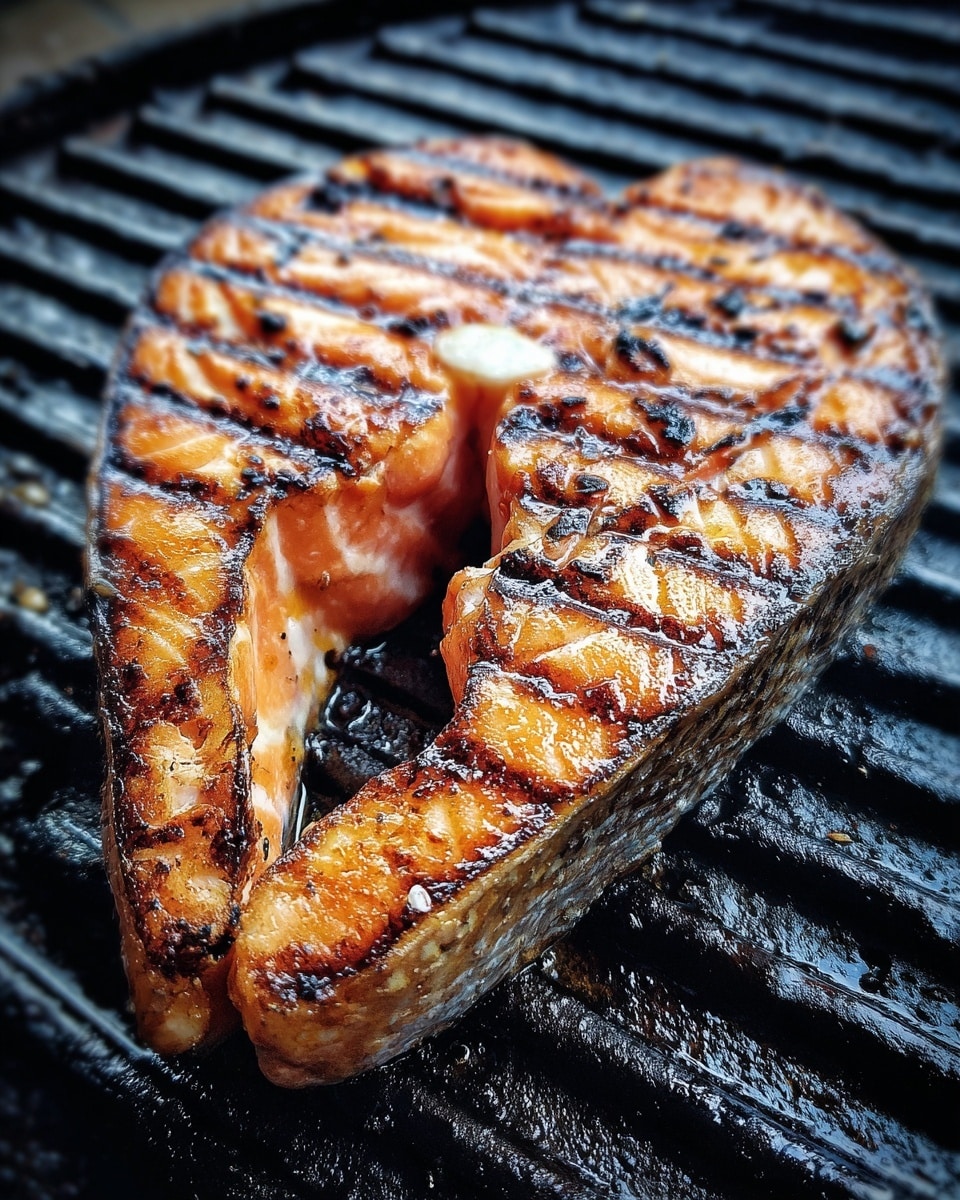 A close-up view of a single thick salmon steak with a rich orange color and visible light pink lines of fat, showing clear grill marks in a dark brown to black shade in a striped pattern that covers the top surface and sides. The edges of the salmon have a slightly darker, charred texture while the center retains a juicy, cooked look with glossy oils glistening on the surface. The salmon is on a grill with black ridged lines underneath, all set against a white marbled texture background. photo taken with an iphone --ar 4:5 --v 7
