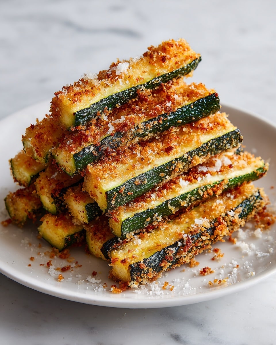 A close-up of a white plate filled with golden brown baked zucchini sticks. Each zucchini stick has a green outer skin and is coated with a crispy, browned breadcrumb layer with some dark spots from baking, giving a crunchy texture. The sticks are piled neatly in several layers, showing the contrast between the soft green inside of the zucchini and the crunchy golden coating on top. The background surface has a white marbled texture. photo taken with an iphone --ar 4:5 --v 7