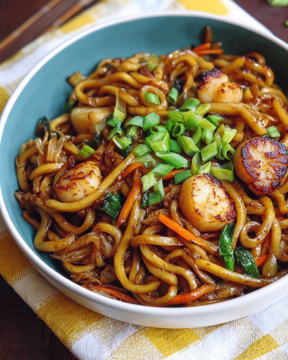 A close-up view of a black bowl filled with stir-fried udon noodles that are thick, glossy, and coated in a dark sauce. The noodles are mixed with browned onions, thin strips of orange carrots, and scattered pieces of grilled mushrooms, creating a rich color mix of brown, orange, and light cream. Bright green chopped scallions are sprinkled on top, adding a fresh and vibrant touch. The bowl sits on a yellow and white checkered cloth on a wooden surface. photo taken with an iphone --ar 4:5 --v 7