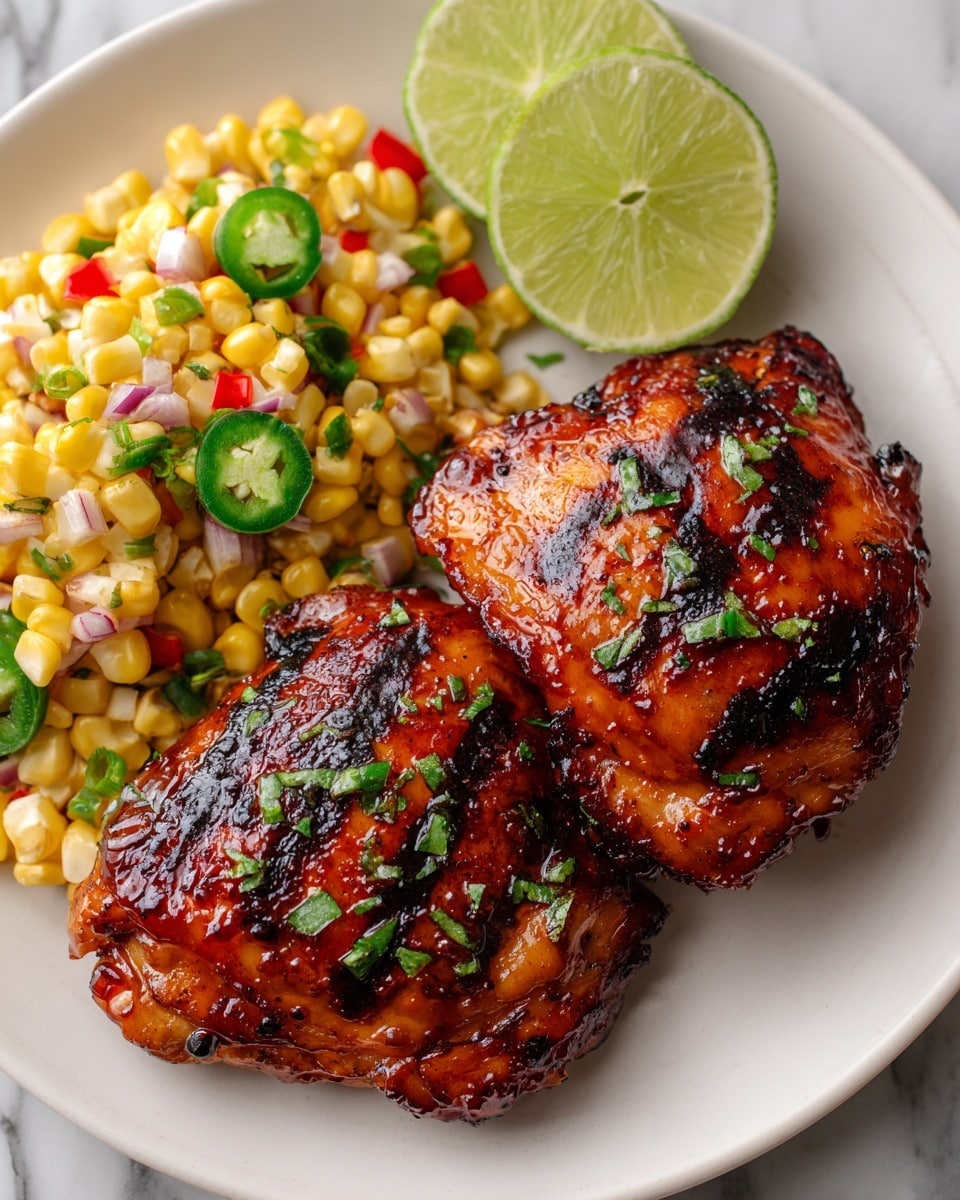 The image shows two grilled chicken thighs placed on a white plate with a crispy, charred texture and dark grill marks on top. The chicken is glazed with a shiny sauce and sprinkled with chopped green herbs. Next to the chicken, there is a colorful corn salad made of yellow corn kernels, small red pieces, and some green jalapeño slices. Two lime wedges are placed behind the chicken, adding a fresh green touch. The plate rests on a white marbled surface. photo taken with an iphone --ar 4:5 --v 7