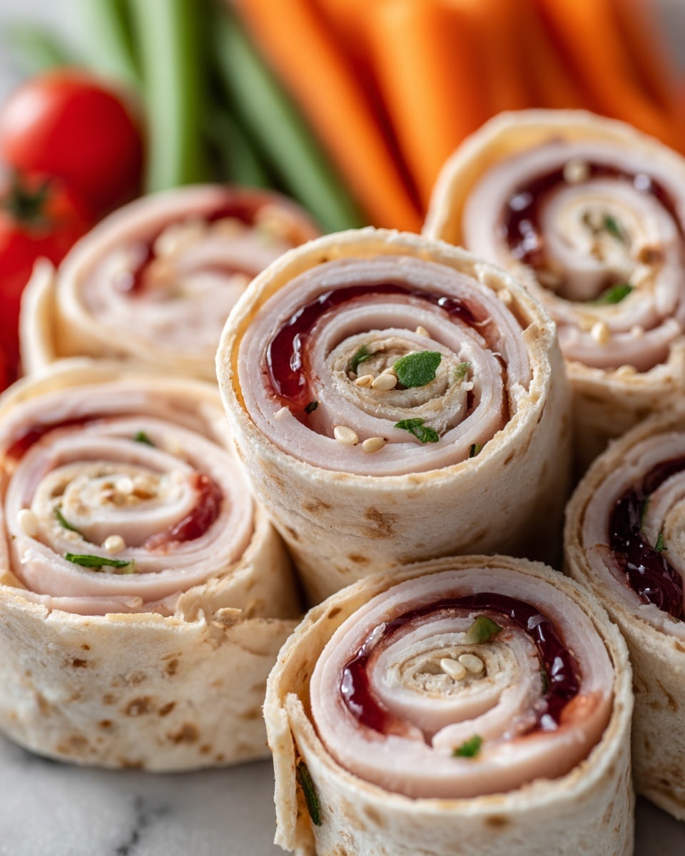The image shows several neatly sliced spiral pinwheel sandwiches arranged in a close cluster. Each pinwheel has three visible layers: a light outer layer of sesame seed-covered flatbread, a middle layer of thinly sliced turkey or chicken deli meat, and an inner spread of orange-colored sauce with bits of green herbs and small dark red pieces, possibly bacon or sun-dried tomato. The rolls are soft with a light toasted texture on the bread, and there are fresh green beans, cherry tomatoes, and carrot sticks blurred in the background on a white marbled surface. A woman's hand is reaching towards one of the pinwheels. Photo taken with an iphone --ar 4:5 --v 7