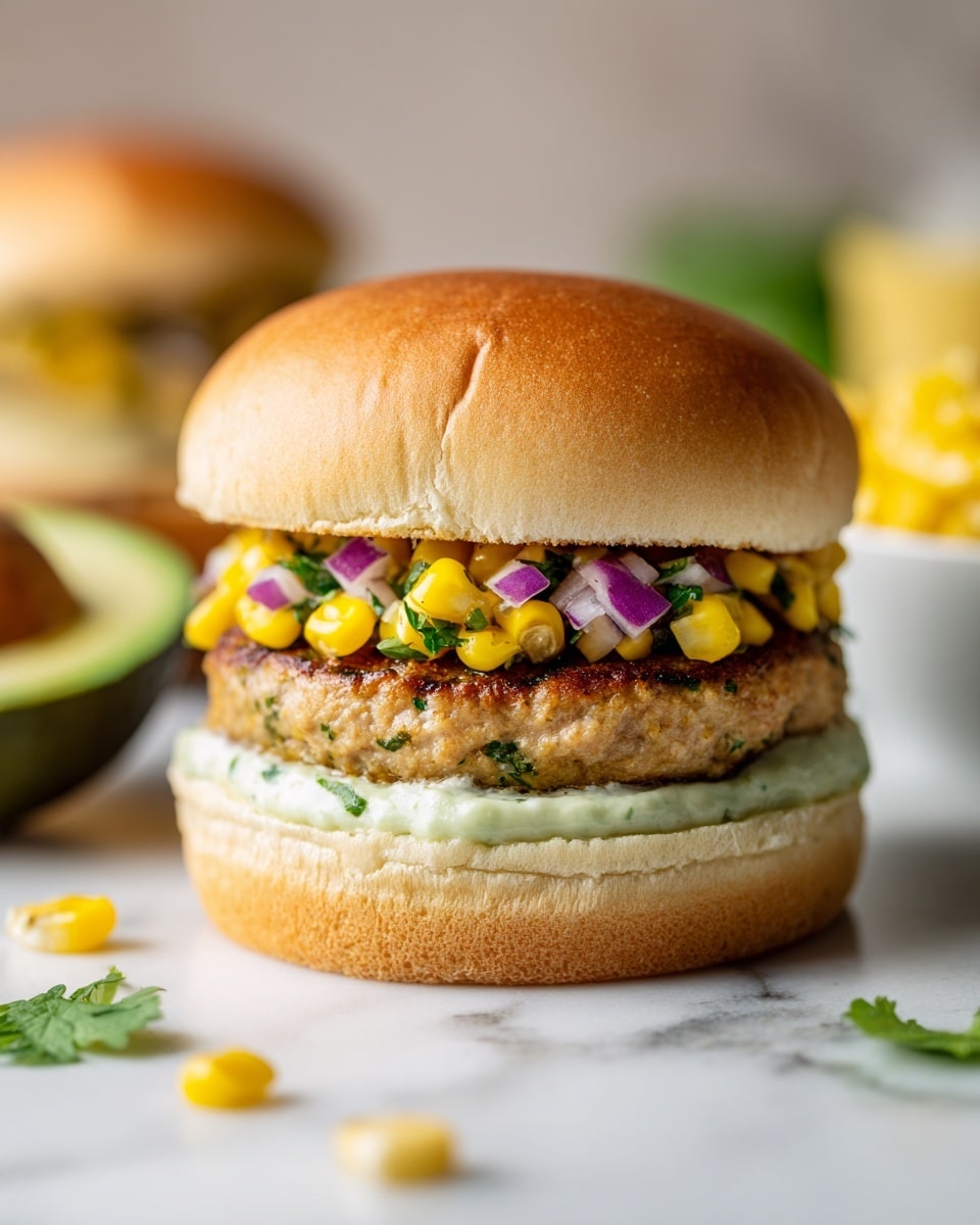 The image shows a close-up of a burger with three main layers inside a soft, light brown bun. The bottom layer is a thick greenish-white spread with a creamy texture. On top of this spread sits a grilled patty with a slightly uneven, golden-brown surface. Above the patty is a colorful topping made of bright yellow corn kernels mixed with small pieces of red onion and green herbs. The burger is resting on white parchment paper on a dark wooden table with some scattered corn kernels and a green herb leaf in front. The background includes a blurry half avocado and a bowl of yellow corn, all set against a white marbled surface. photo taken with an iphone --ar 4:5 --v 7