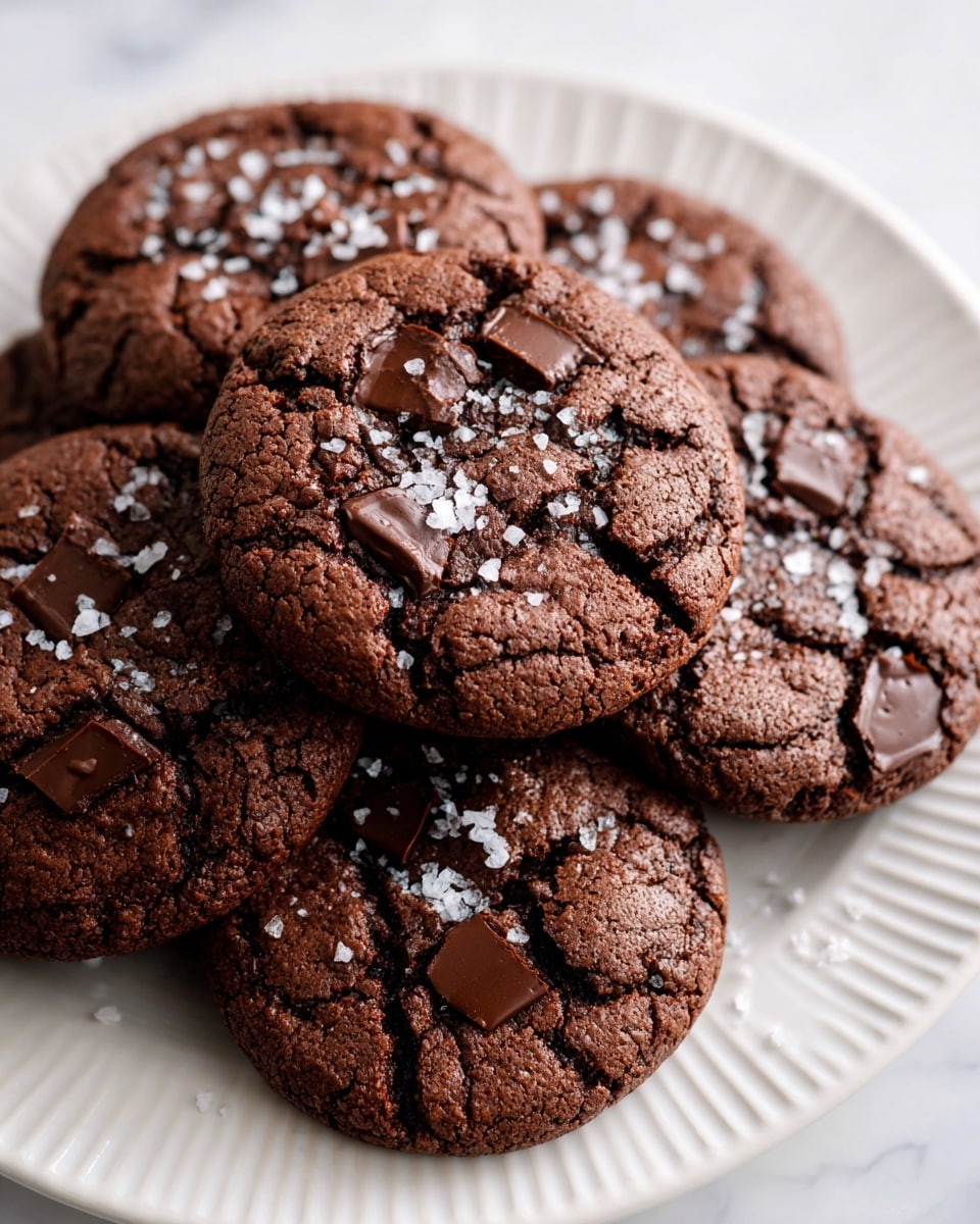 A close-up view of a group of soft chocolate cookies stacked on a white plate, each cookie dark brown with a cracked surface, studded with shiny dark chocolate chips and sprinkled with coarse white salt crystals. The cookies have a rough texture with a slightly chewy center, and the salt adds a sparkling contrast on top. The plate sits on a white marbled surface. Photo taken with an iphone --ar 4:5 --v 7