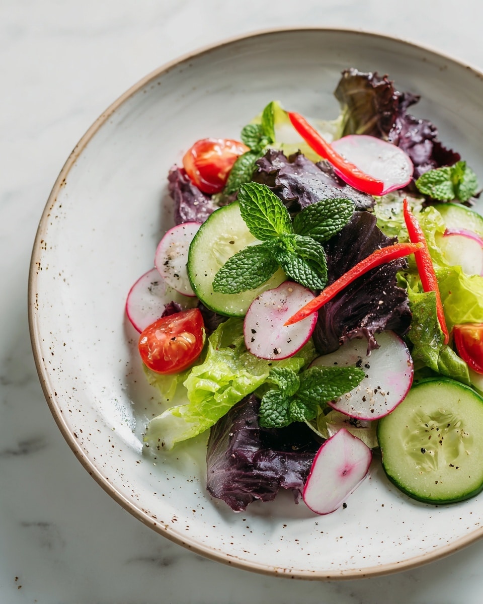 A white plate holds a fresh salad with three main layers: the base layer is made up of mixed green lettuce leaves with different shades of green and red, creating a leafy texture; the second layer has sliced cucumbers and cherry tomatoes, some halved and some whole, showing bright green, red, and orange colors; the top layer features thin slices of radish and specks of black pepper scattered on top, along with some pieces of red bell pepper and fresh mint leaves scattered around. The plate sits on a white marbled surface. photo taken with an iphone --ar 4:5 --v 7
