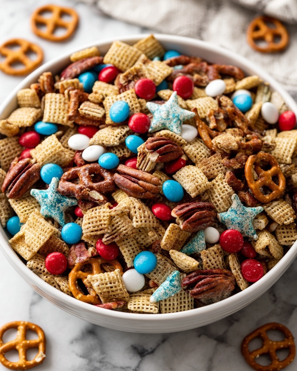 A close-up view of a white bowl filled with a snack mix featuring four main layers; the base layer consists of light brown square cereal pieces with a woven texture, scattered throughout with shiny red and brown small round candy-coated chocolates, a layer of rough-textured, light brown pecans is spread evenly among the cereal, sprinkled with small, flat red rectangular cereal pieces, and topped with crunchy light brown pretzels showing a twisted knot shape; the snack mix sits on a white marbled surface with some pieces scattered around. photo taken with an iphone --ar 4:5 --v 7