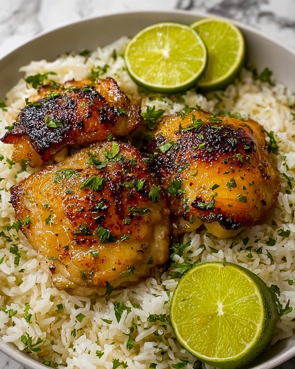 A close-up view of a white bowl filled with three pieces of golden-brown grilled chicken thighs placed on top of a bed of white rice mixed with small green herb pieces. The chicken has a shiny, slightly charred surface with visible pepper and herb sprinkling. Two halves of fresh lime, bright green and juicy, are positioned near the chicken. The rice grains appear fluffy and slightly sticky, with scattered green herbs adding color. The bowl sits on a white marbled textured surface. photo taken with an iphone --ar 4:5 --v 7