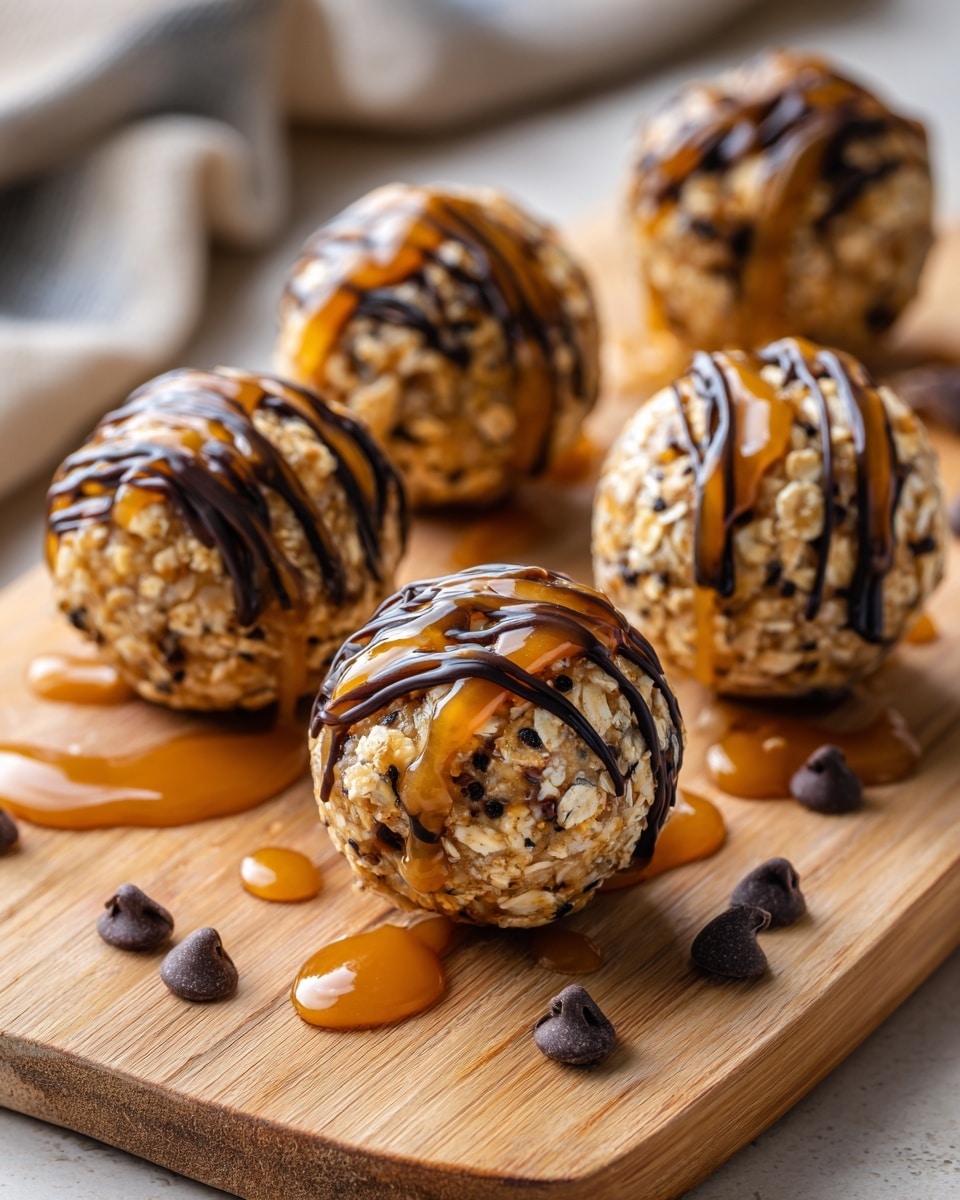 The image shows five round dessert balls placed close together on a light wooden board, each ball made of a mix of oats and other ingredients, giving them a rough, textured look. The balls are drizzled with a shiny caramel or honey syrup, which adds a glossy amber color on top. Small dark chocolate chips are scattered on and near the balls, adding contrast with their smooth, dark round shapes. The dessert has a warm, inviting color palette of light beige oats, amber syrup, and dark chocolate, creating a rich and tasty appearance. Photo taken with an iphone --ar 4:5 --v 7