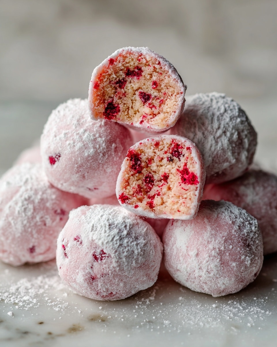 This image shows round dessert balls dusted with white powder on a white marbled surface. One dessert ball is cut in half and placed on top of another, revealing a dense inside filled with small red bits and a smooth, moist texture. The outer layer is coated with a light dusting of white powder, while the inner part has a pinkish-red color mixed with tiny darker red pieces. The shapes are soft with a slightly crumbly look inside, and the photo is focused closely to show the texture details clearly. Photo taken with an iphone --ar 4:5 --v 7