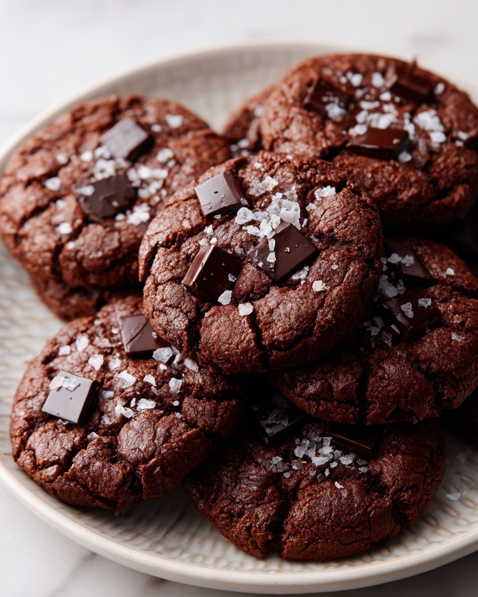 The image shows a close-up of a pile of dark brown chocolate cookies on a white plate with a subtle raised edge pattern. Each cookie is thick with a cracked surface texture, generously studded with dark chocolate chunks embedded throughout the top layer. Sprinkled over the cookies is a layer of coarse white sea salt that contrasts with the rich chocolate color. The plate sits on a white marbled surface that adds a clean and bright background to the scene. photo taken with an iphone --ar 4:5 --v 7