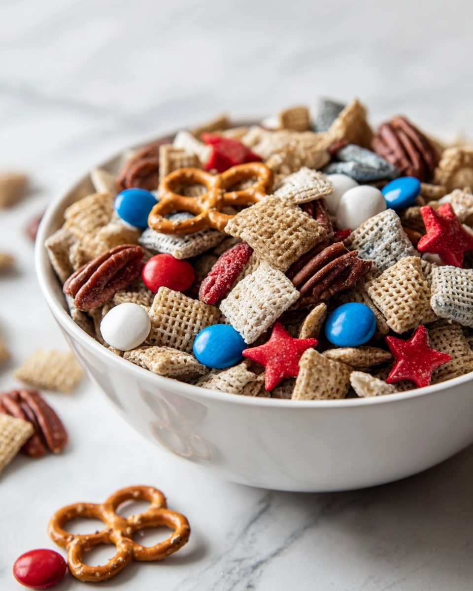 A white bowl filled with a colorful snack mix sits on a white marbled surface. The mix has several layers starting with a base of light brown wheat cereal squares, topped with small pretzels that are twisted and golden brown. Scattered through the mix are blue, white, and red candy-coated chocolates that add bright spots of color. There are also red star-shaped cereal pieces and whole pecans mixed evenly throughout. The textures combine crunchy cereals, smooth candy shells, and rough nuts, creating a visually varied and festive snack. Photo taken with an iphone --ar 4:5 --v 7