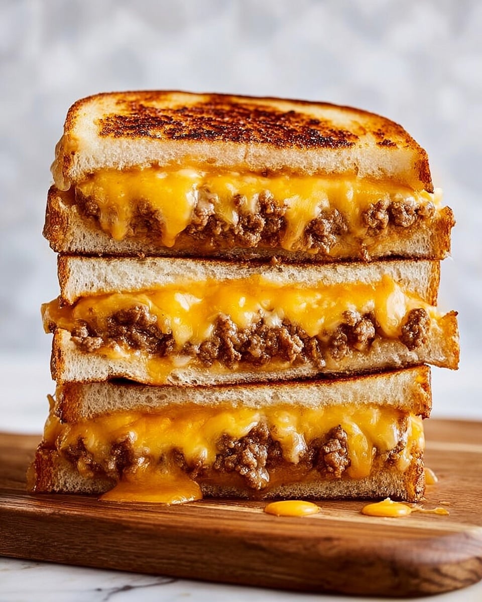A stack of three grilled sandwiches is shown on a wooden board placed on a white marbled surface. Each sandwich has two slices of toasted bread with a golden-brown crust and visible grill marks. Inside each sandwich, there are two distinct layers of melted bright orange cheddar cheese on the top and bottom, with a middle layer of cooked ground beef that is browned and slightly chunky. The cheese is melted and oozes out slightly around the edges, showing smooth and gooey texture. The wooden board has some small drops of melted cheese near the stack, and the background is out of focus with light neutral colors. photo taken with an iphone --ar 4:5 --v 7
