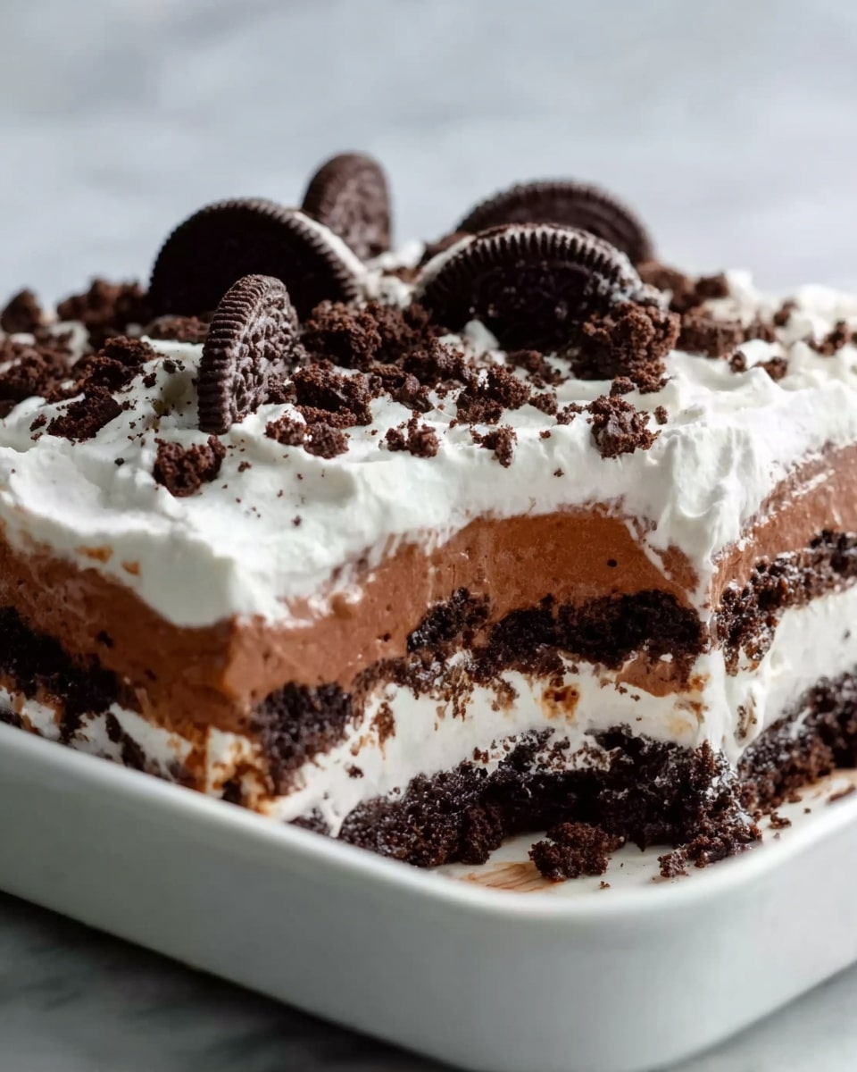 The image shows a square dessert in a clear container with four visible layers. The bottom layer is a dark brown, crumbly cookie crust. Above that is a thick, smooth chocolate layer, dark brown in color. Next is a white layer of whipped cream that looks soft and fluffy. The top layer is also whipped cream, but decorated with crushed dark chocolate cookies and some whole cookie pieces placed on top. There is a woman’s hand holding a spoon inside the dessert, showing a scoop taken out from the corner. The background is a white marbled texture. photo taken with an iphone --ar 4:5 --v 7