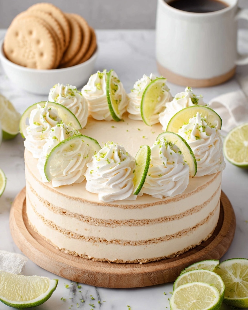 A round lime-flavored cake sits on a white marbled surface, showing visible alternating layers of light cream and thin biscuit strips around the sides. The top is decorated with eight swirls of white whipped cream placed evenly in a circle, each sprinkled with tiny bits of green lime zest. Between some of the whipped cream swirls, there are thin slices of fresh lime standing upright. Crushed biscuit crumbs lightly cover parts of the top edge. Around the cake, several lime wedges add fresh green contrast. In the background, there is a white bowl filled with round light brown biscuits and a white cup. Photo taken with an iphone --ar 4:5 --v 7