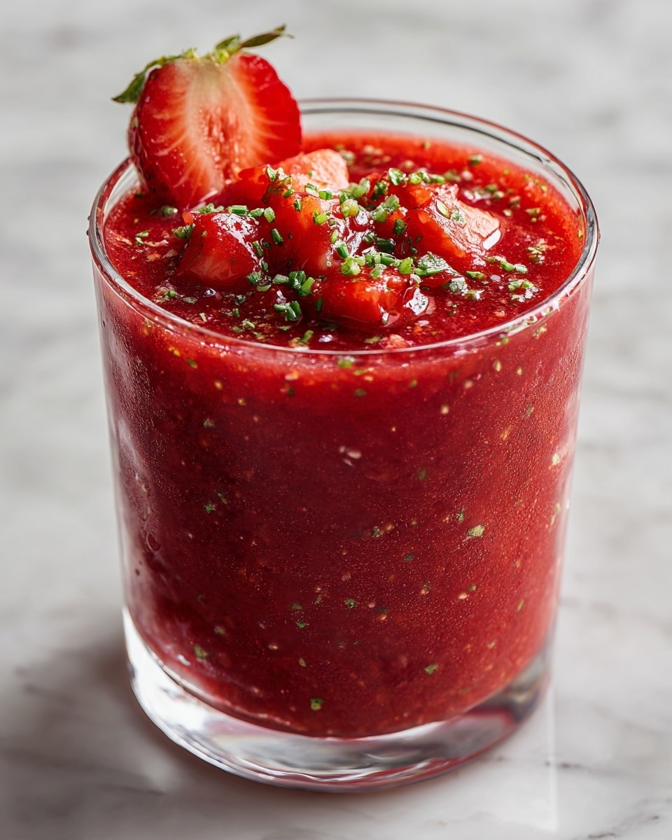 The image shows a clear glass filled with a thick red mixture that looks like crushed strawberries mixed with small green herb pieces. The top layer has small chunks of strawberries and a sprinkle of finely chopped green herbs, with a half sliced strawberry placed on the edge for decoration. The texture of the mixture is juicy and slightly chunky, filling the glass almost to the top, and the glass sits on a white marbled surface. Photo taken with an iphone --ar 4:5 --v 7