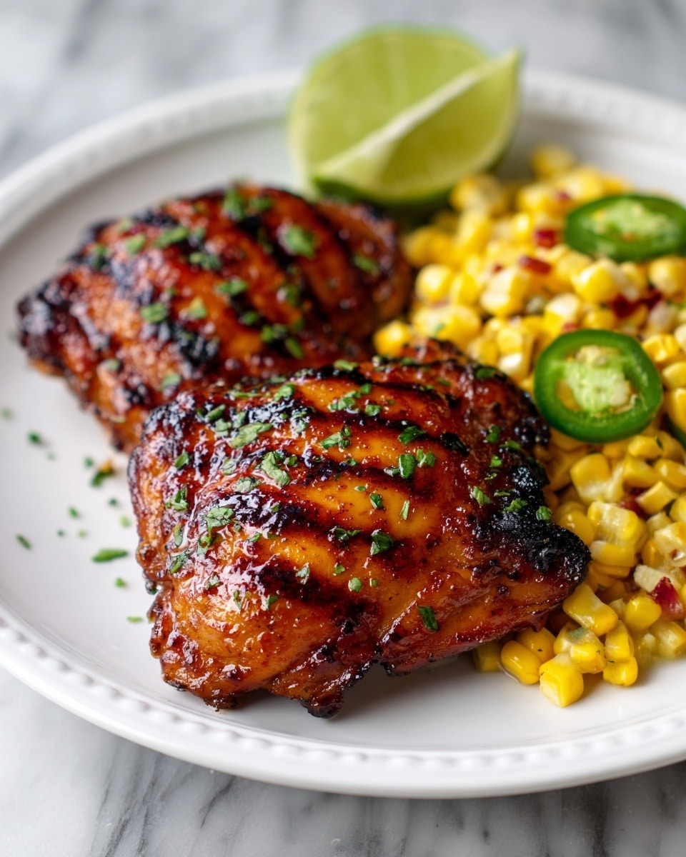 The image shows two grilled chicken thighs with clear dark grill marks on their shiny, reddish-brown, glazed skin topped with small bits of chopped green herbs. The chicken rests on a white plate beside a colorful corn salad made of yellow corn kernels, small red pieces, and green slices of jalapeño pepper. At the top of the plate, there are two lime wedges, one partially cut and placed upright. The background is a white marbled texture. Photo taken with an iphone --ar 4:5 --v 7