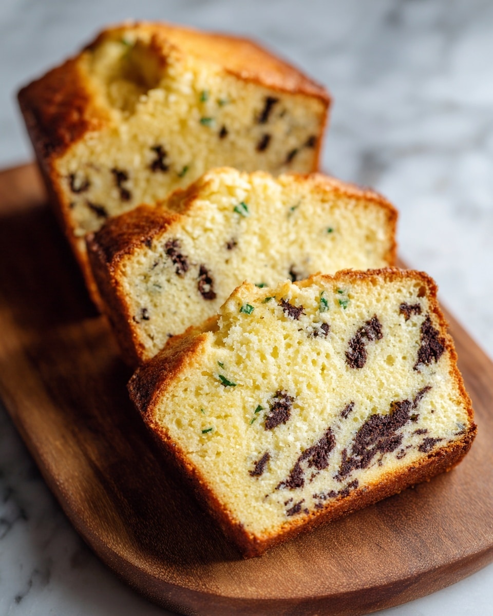 The image shows three slices of a loaf cake placed side by side on a wooden board. The cake has a golden-brown crust with a slightly crispy texture, while the inside is light yellow with scattered dark chocolate chips or chunks throughout. Small green herb bits are also visible inside the cake, adding a speckled effect. The slices are thick and soft, showing a moist and tender crumb. The background features a white marbled surface. Photo taken with an iphone --ar 4:5 --v 7